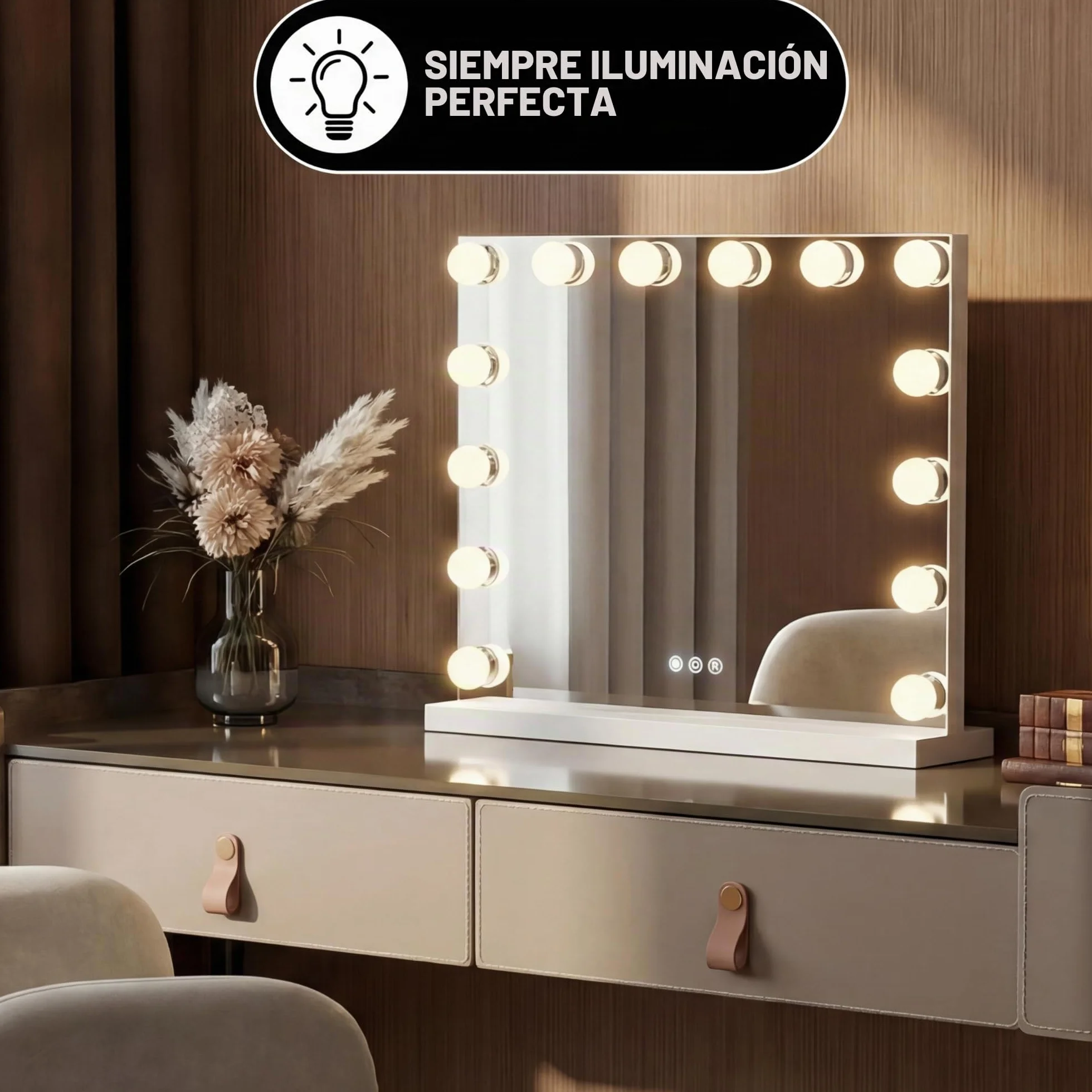 Bayt Hollywood Espejo 50 x 40 cm, Espejo Maquillaje con 14 Luces, Espejo de Aumento 10x, Regulable, Ampliación, Blanco