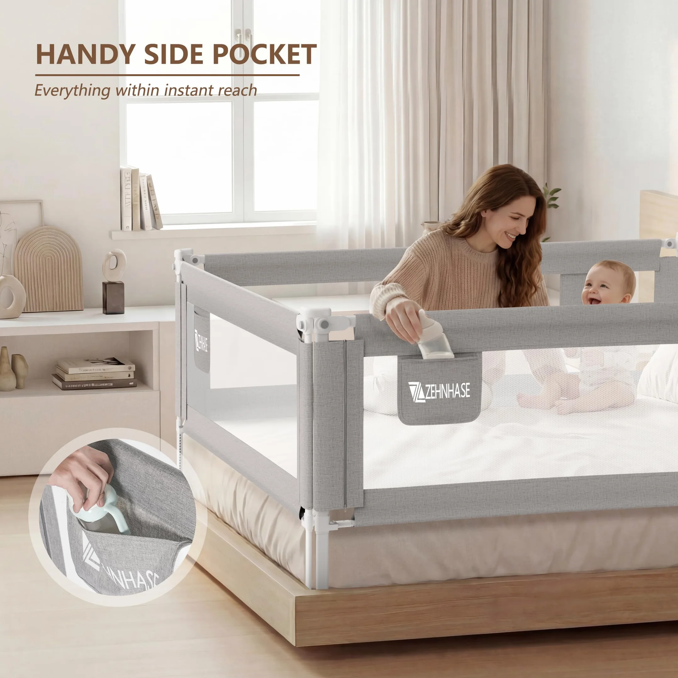 Barandilla de Cama para Bebés, Barrera de Cama para Niños Colchón Doble, Tamaño Completo Queen y King, Gris, 190cm, 1 Lado