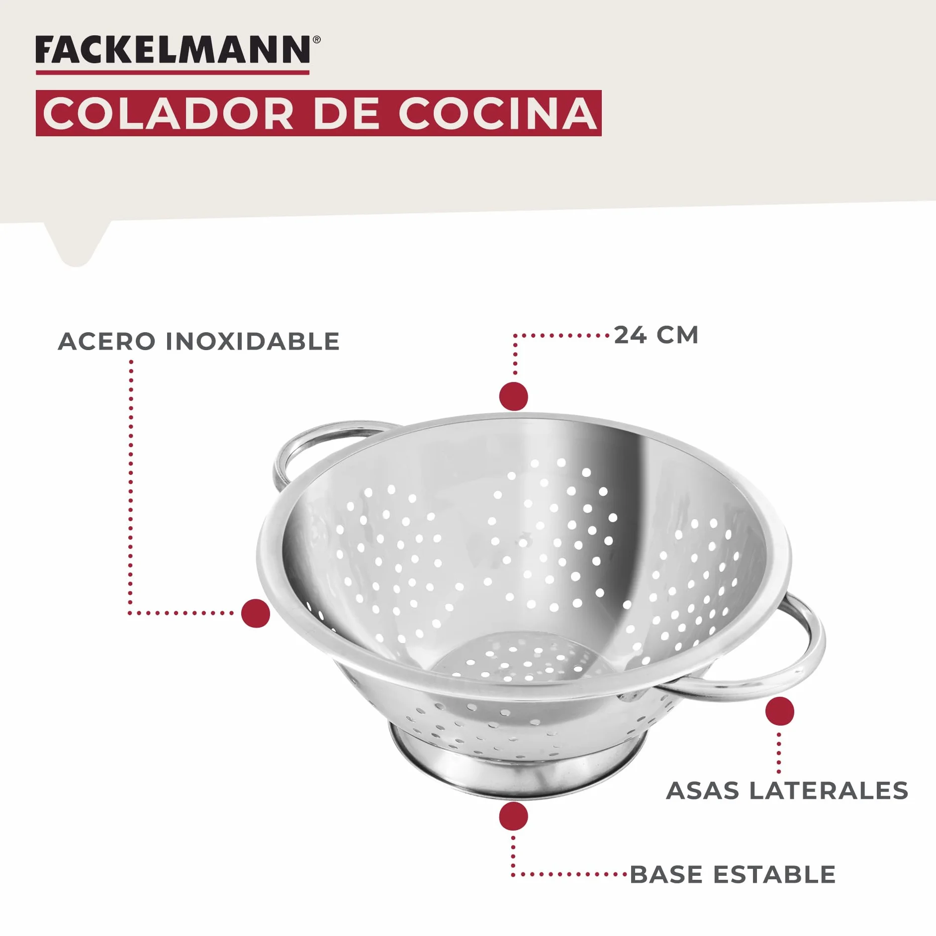 Fackelmann Colador de Cocina y Escurridor en Acero Inoxidable, Colador con Asas y Peana Estable, Idóneo para Escurrir Ensalada, Pasta, Arroz, Legumbres y Verduras, 24cm, 1 ud.