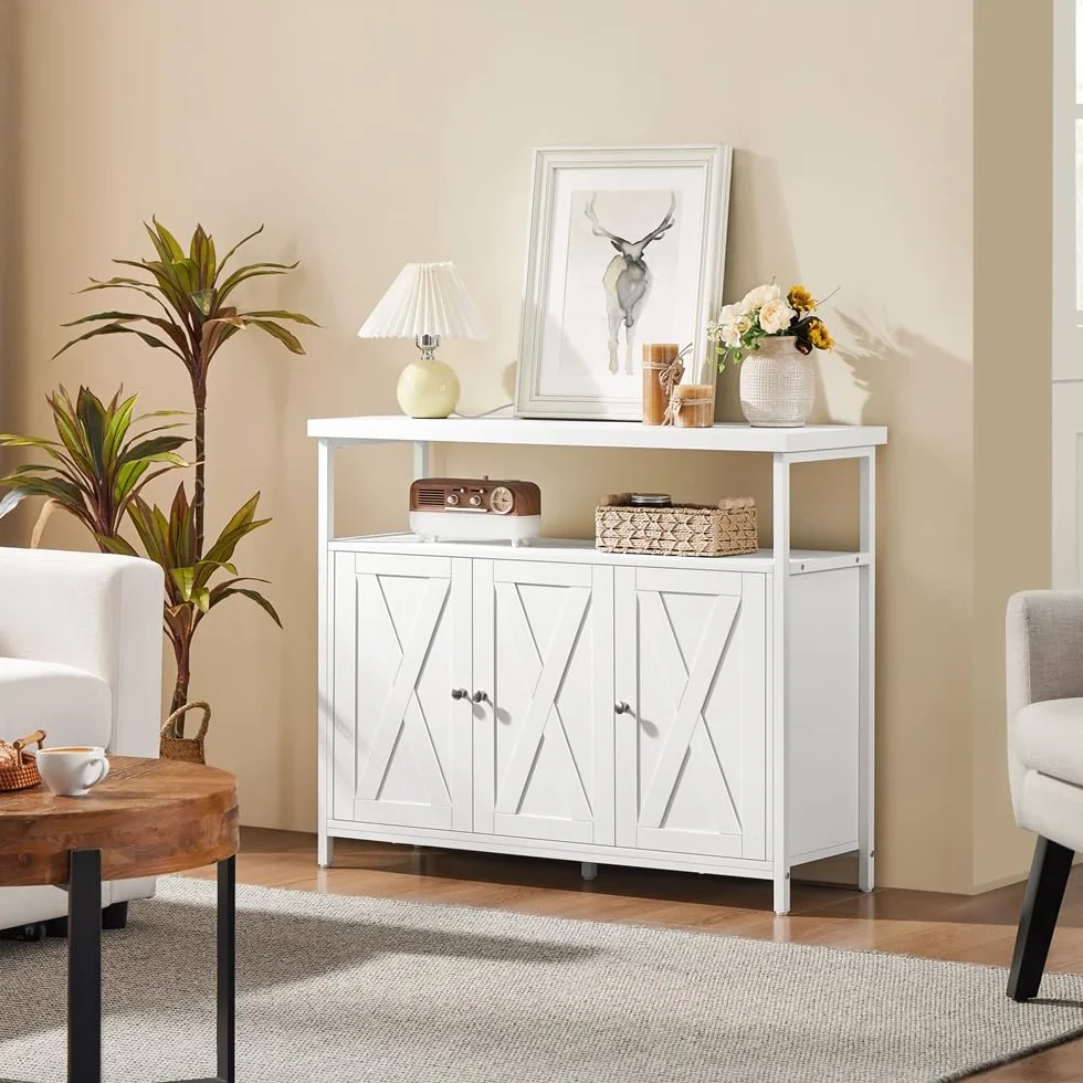 Yaheetech Aparador de Comedor Armario de Madera con 3 Puertas Armario de Almacenamiento con Estantes Ajustables para Salón Pasillo Cocina Sala de Estar 100x35x81.5 cm Blanco