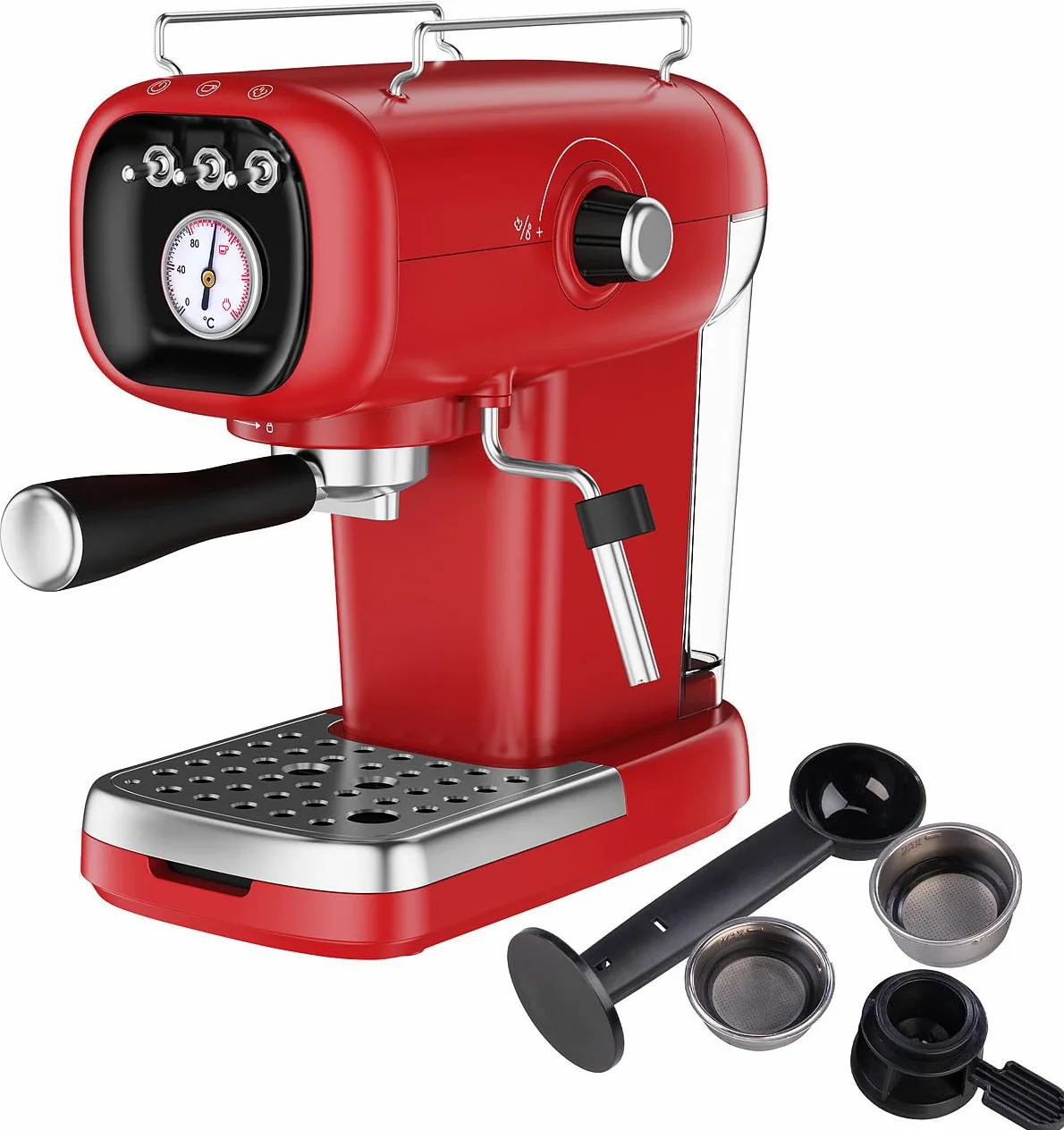 Máquina de espresso retro con portafiltro, adaptador para cápsulas tipo Nespresso, 20 bar, roja