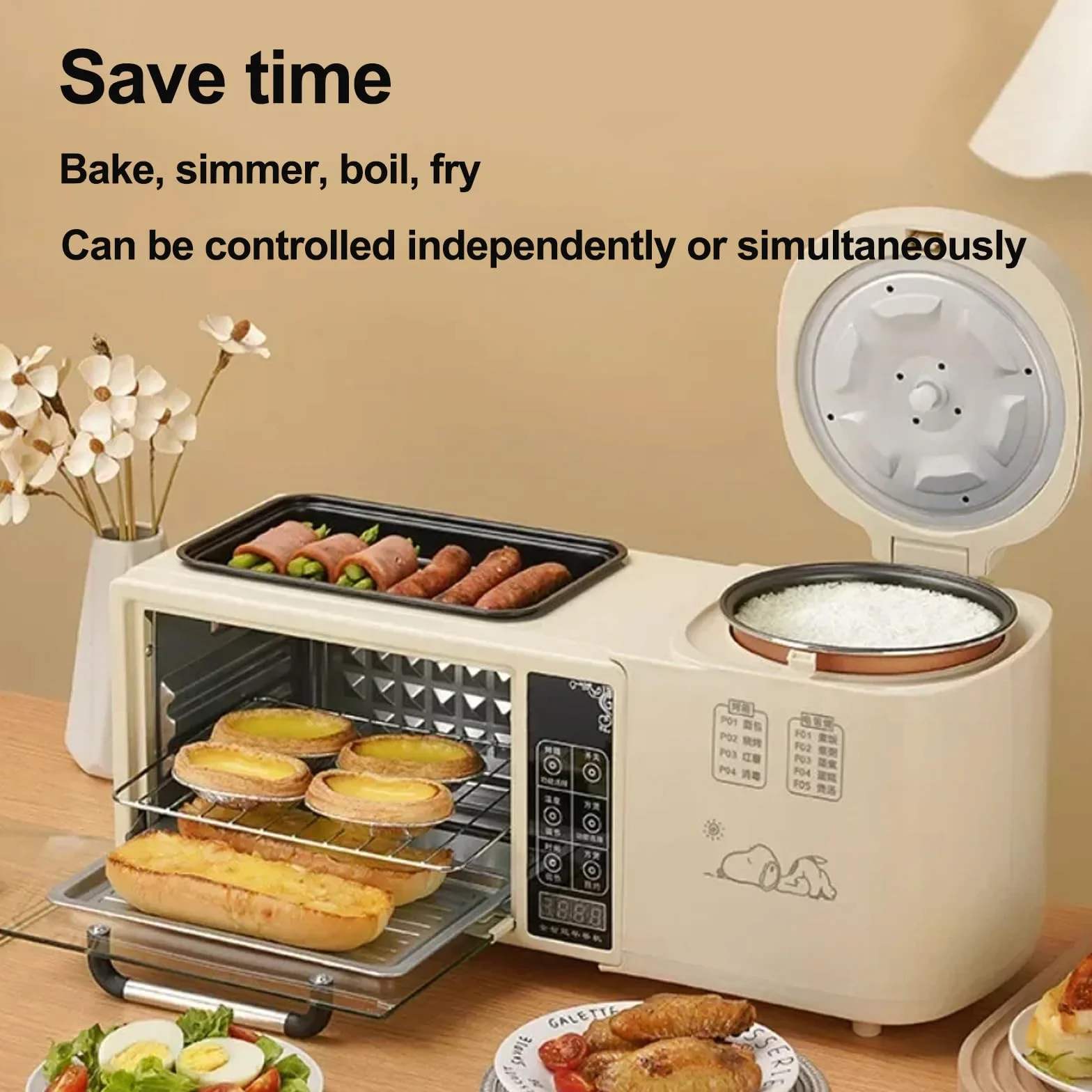 Estación de Desayuno 4 en 1, Máquina Para Hacer Desayuno Inteligente Multifunción con Horno de 2 Capas, Vaporera Eléctrica de 1 Litro y Sartén Eléctrica, Control de Temperatura Independiente, D white
