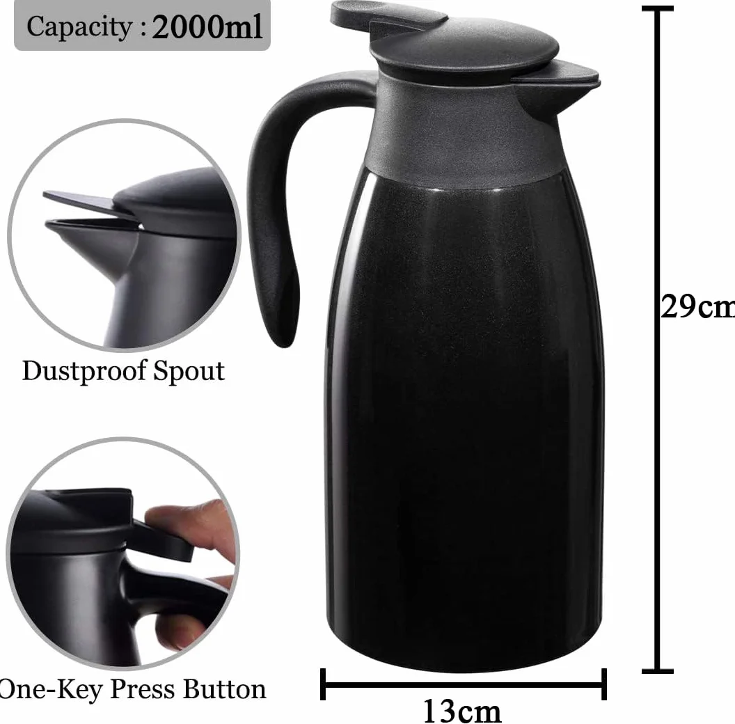 Jarras térmicas de 2 litros de acero inoxidable con cierre Quick Tip, jarra de vacío de doble pared para té y café, color negro