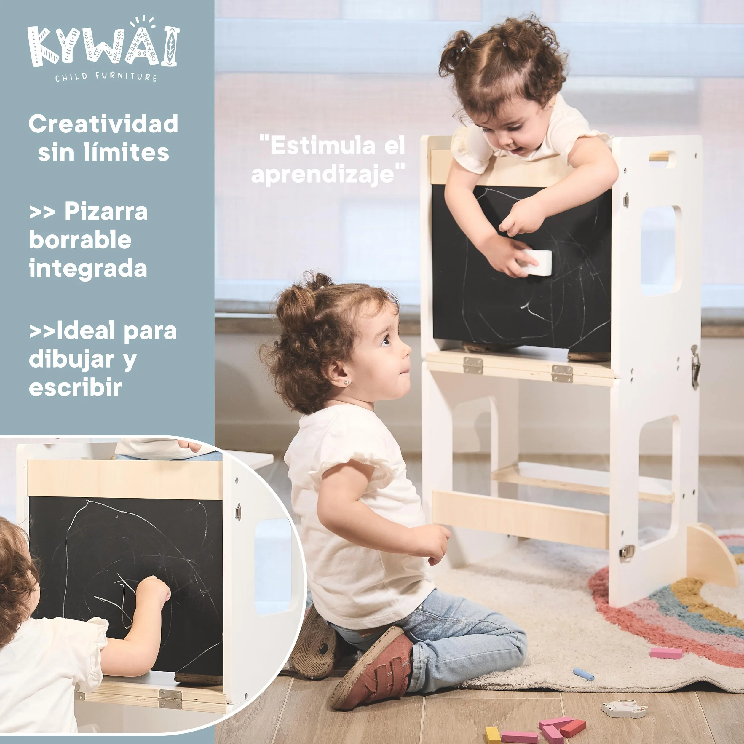 Torre de Aprendizaje Plegable Montessori Premium 3 en 1 Convertible en Escritorio con Pizarra