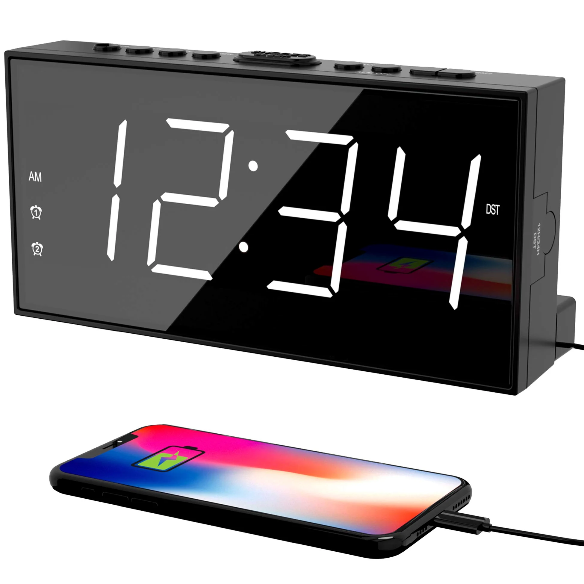 Reloj despertador para dormitorio, 2 relojes despertadores, pantalla grande LED fuerte, reloj con puerto de carga USB, volumen ajustable, regulable, repetición, reloj digital simple para dormir