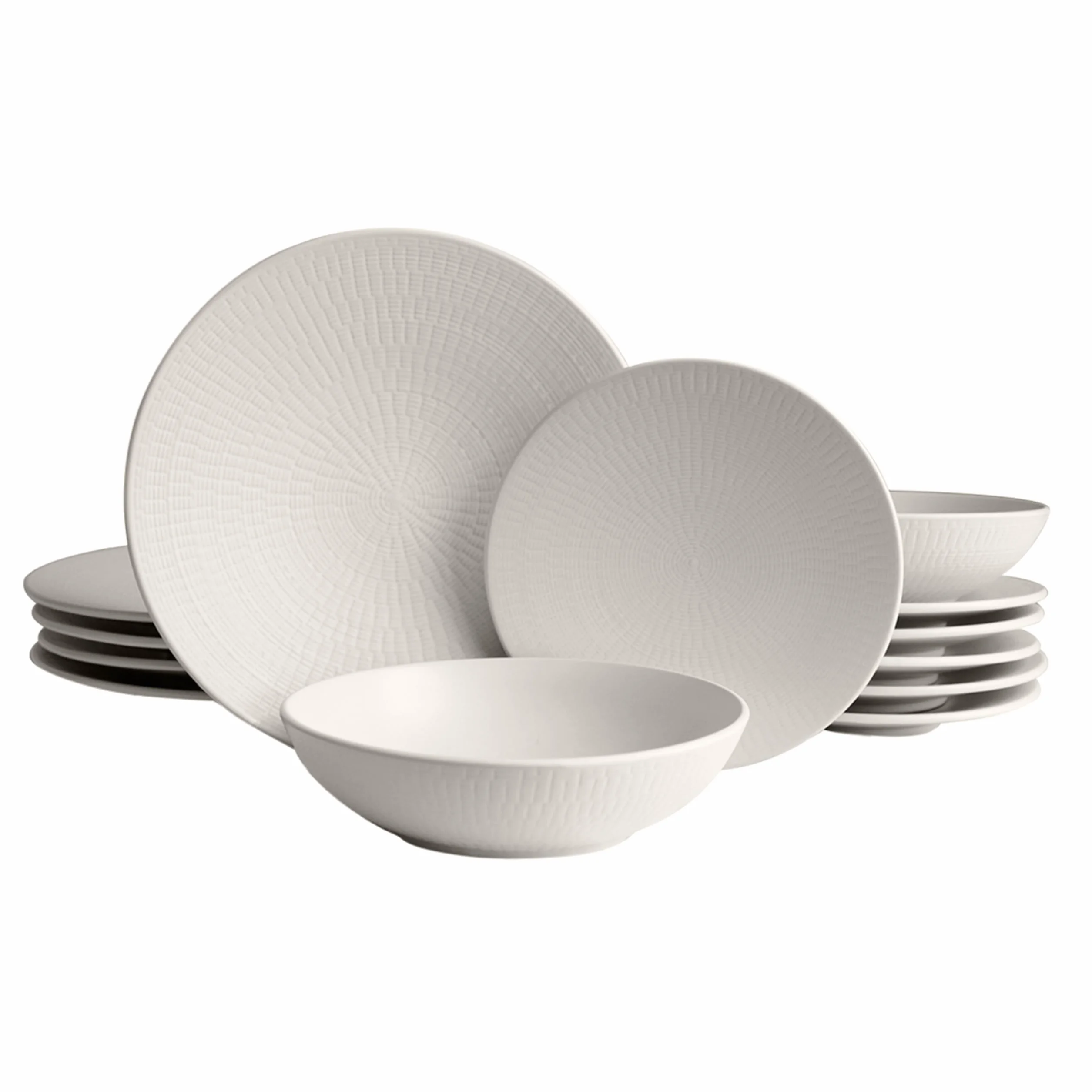 ECHTWERK Vajilla vintage de 18 piezas, diseño "Blanka" nature, para 6 personas, Elegante vajilla con estructura de gres con 6 x platos llanos, 6 x platos hondos, crema