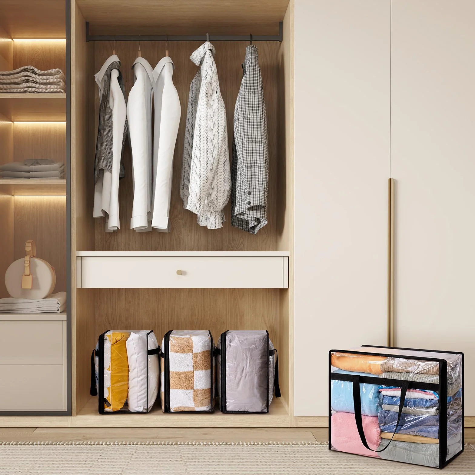 Lifewit 4 Piezas Bolsas para Guardar Ropa Transparentes 40L, Bolsas Almacenaje Ropa Plegable de PVC, Cajas Almacenaje con Asas, Organizador Armario para Mantas, Ropa, Juguetes, Mudanza, Libro