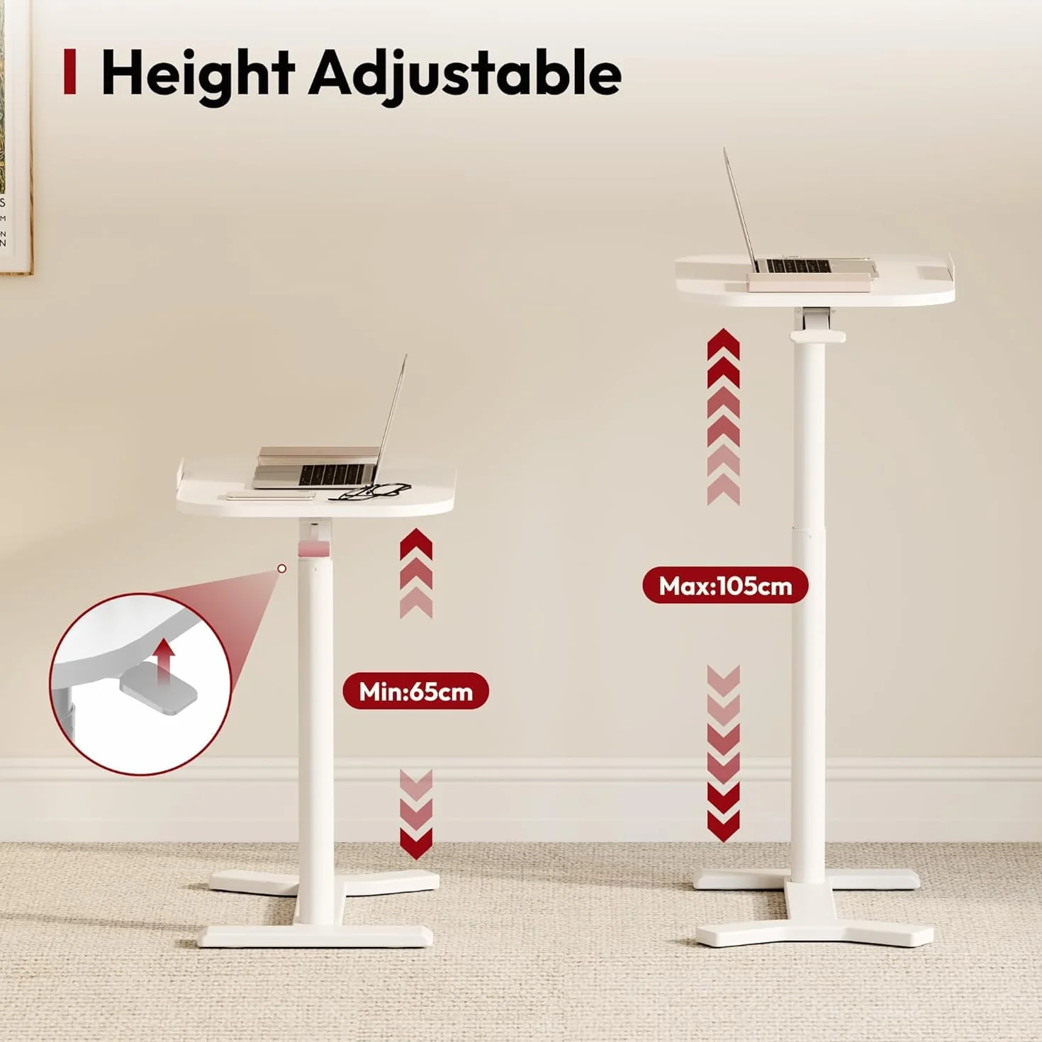 SANODESK Mesa Auxiliar con Ruedas para Ordenador, Altura Ajustable, con Soporte para Bebidas, para Cama y Sofá, Móvil y Multifuncional, Color Blanco