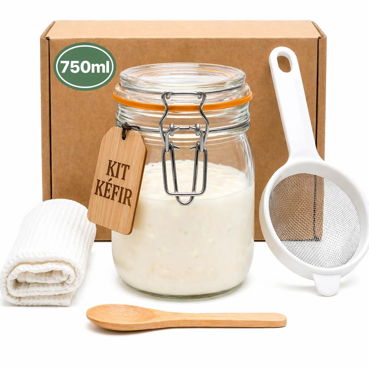 Kit kefir casero - MAGIC RAINBOW - Tarro de cristal con tapa 750 ml colador plástico cuchara madera paño textil y caja de inicio para preparación doméstica - Sin kéfir incluido