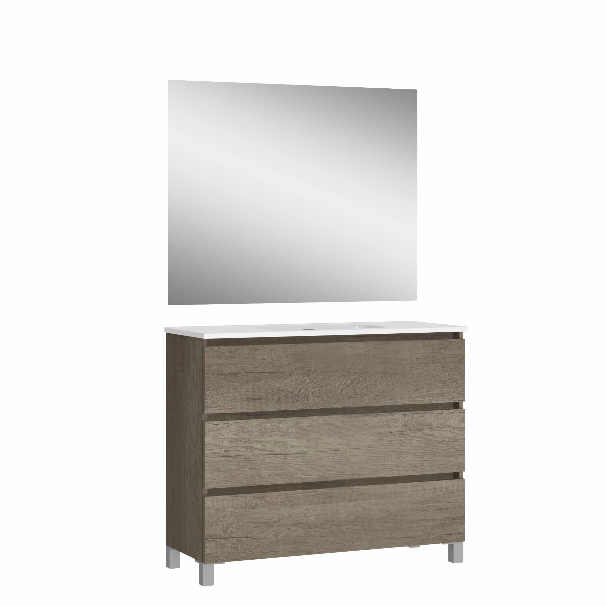 Baikal, Conjunto de baño Natura. Mueble de Baño de Fondo Reducido, con Lavabo cerámico. Distribución Tres Cajones. Mueble MONTADO. Tres Cajones con Espejo. Fondo 39cm 90 cm Nebraska