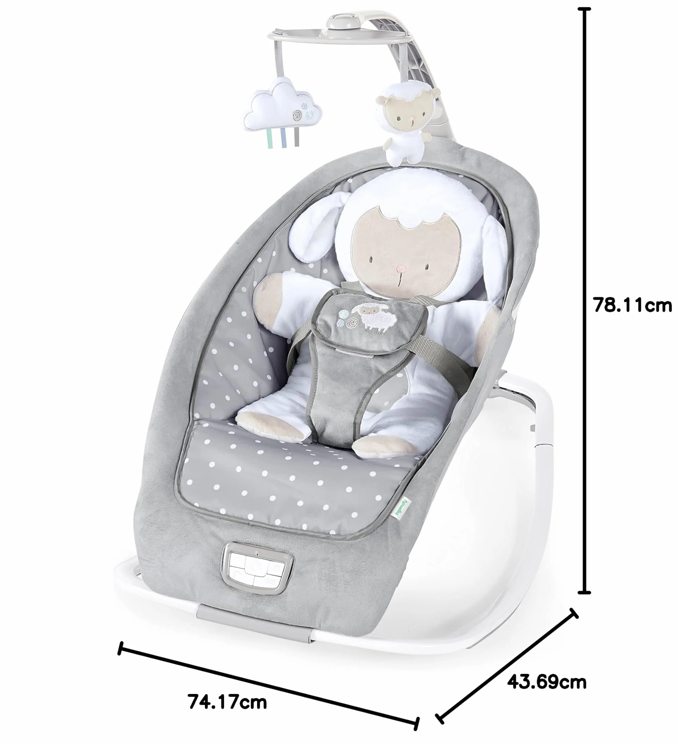 Ingenuity, Hamaca Mecedora para Bebés hasta 18 kg, Cuddle Lamb con vibraciones, arco de juego con 2 peluches, 12 melodías, 4 sonidos de naturaleza, volumen regulable, ergonómico.