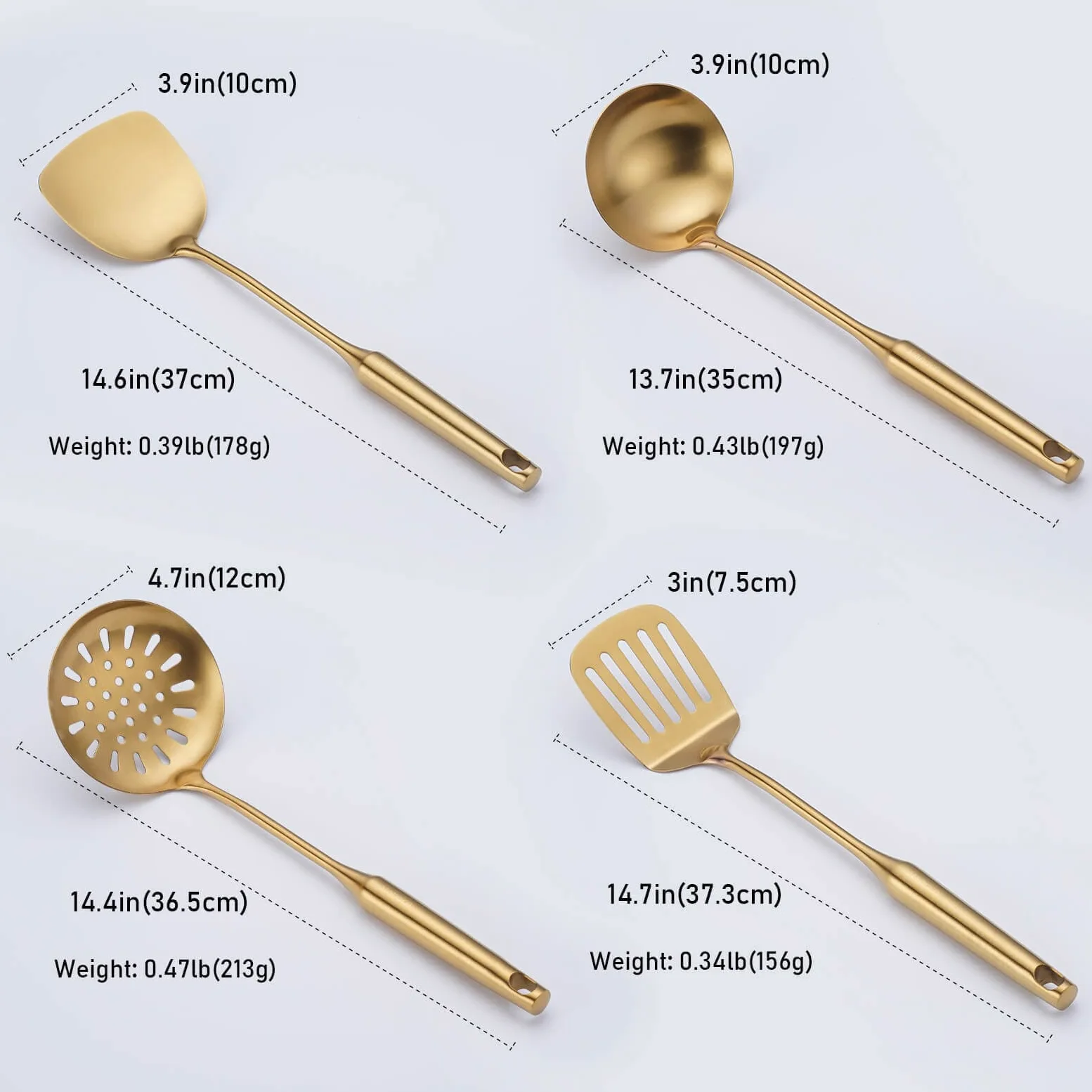 Juego de utensilios de cocina dorados, 8 piezas de acero inoxidable 304, herramientas de cocina totalmente metálicas, espátula, cucharón de sopa, skimmer, espátula ranurada, servidor de espagueti
