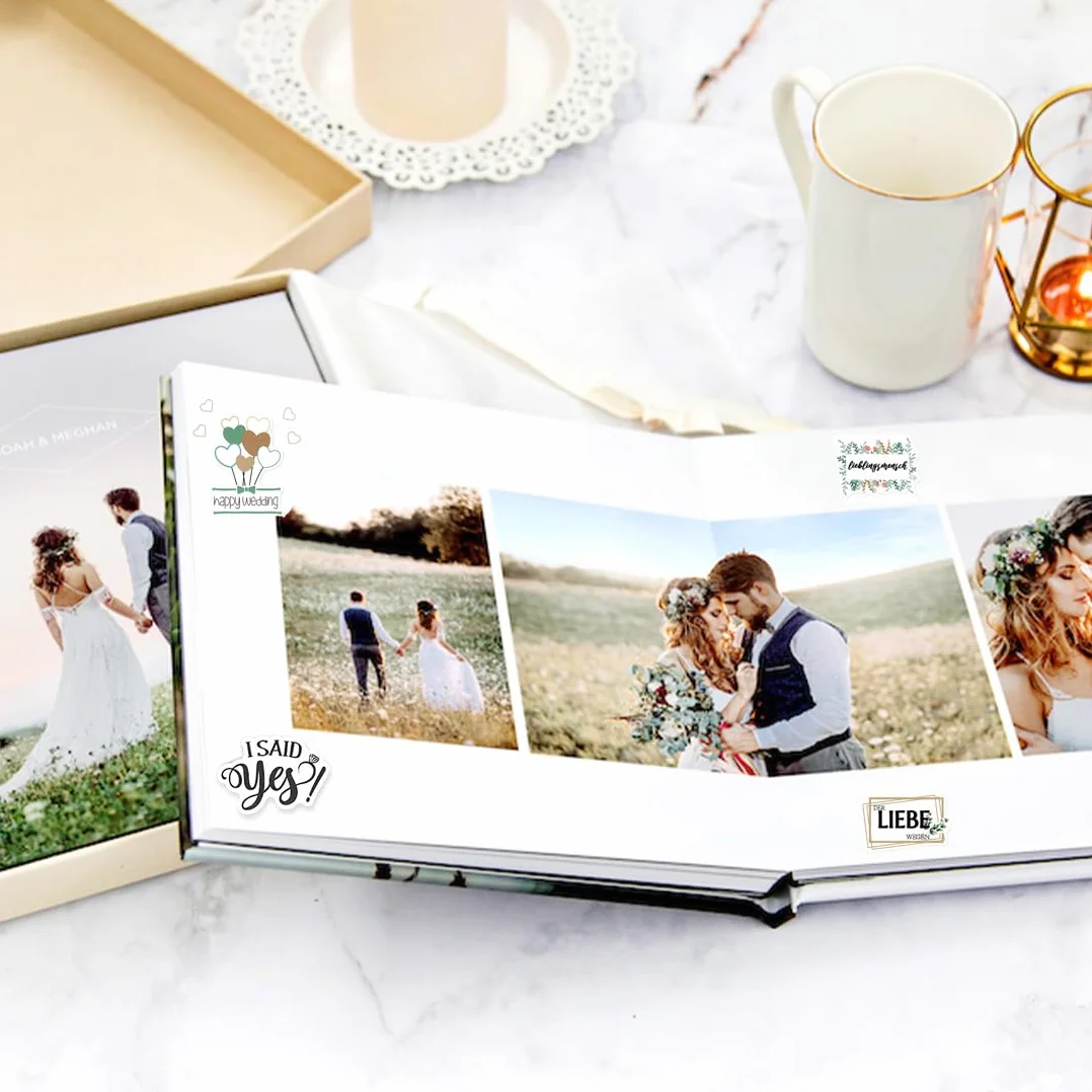 Pegatina libro de visitas boda (5 hojas 266 pegatinas), pegatinas de boda vintage para libro de visitas o álbum de fotos con mucho amor (alemán&inglés, Estilo verde dorado)