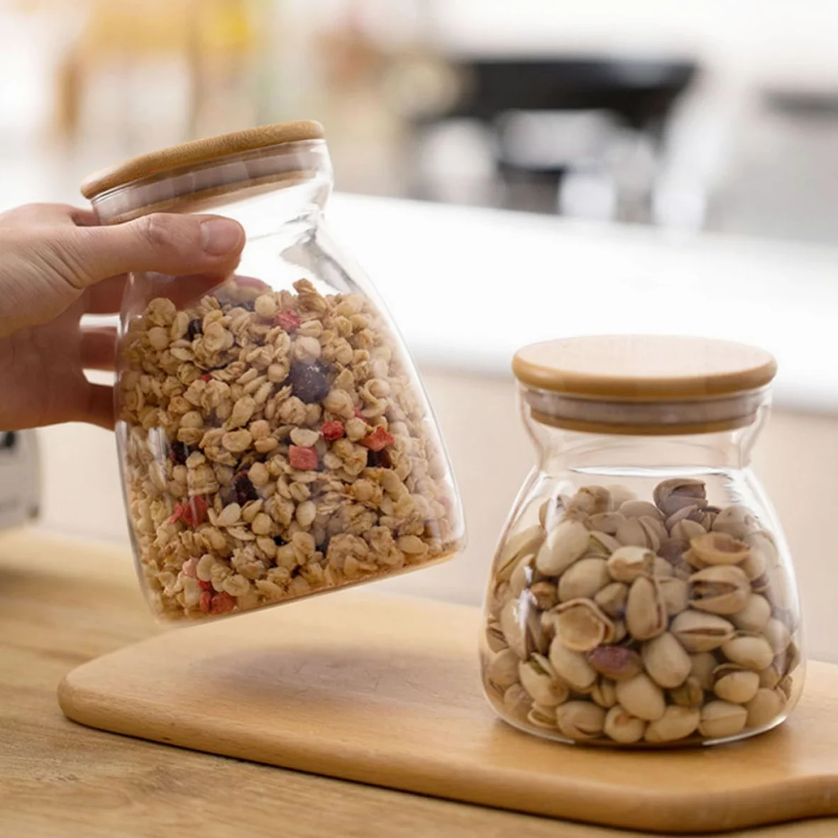 MAGICLULU Recipientes de Vidrio Borosilicato 2 Piezas Tapa de Madera y Silicona Capacidad 1000ml para Almacenamiento de Alimentos y Granos para Escritorio