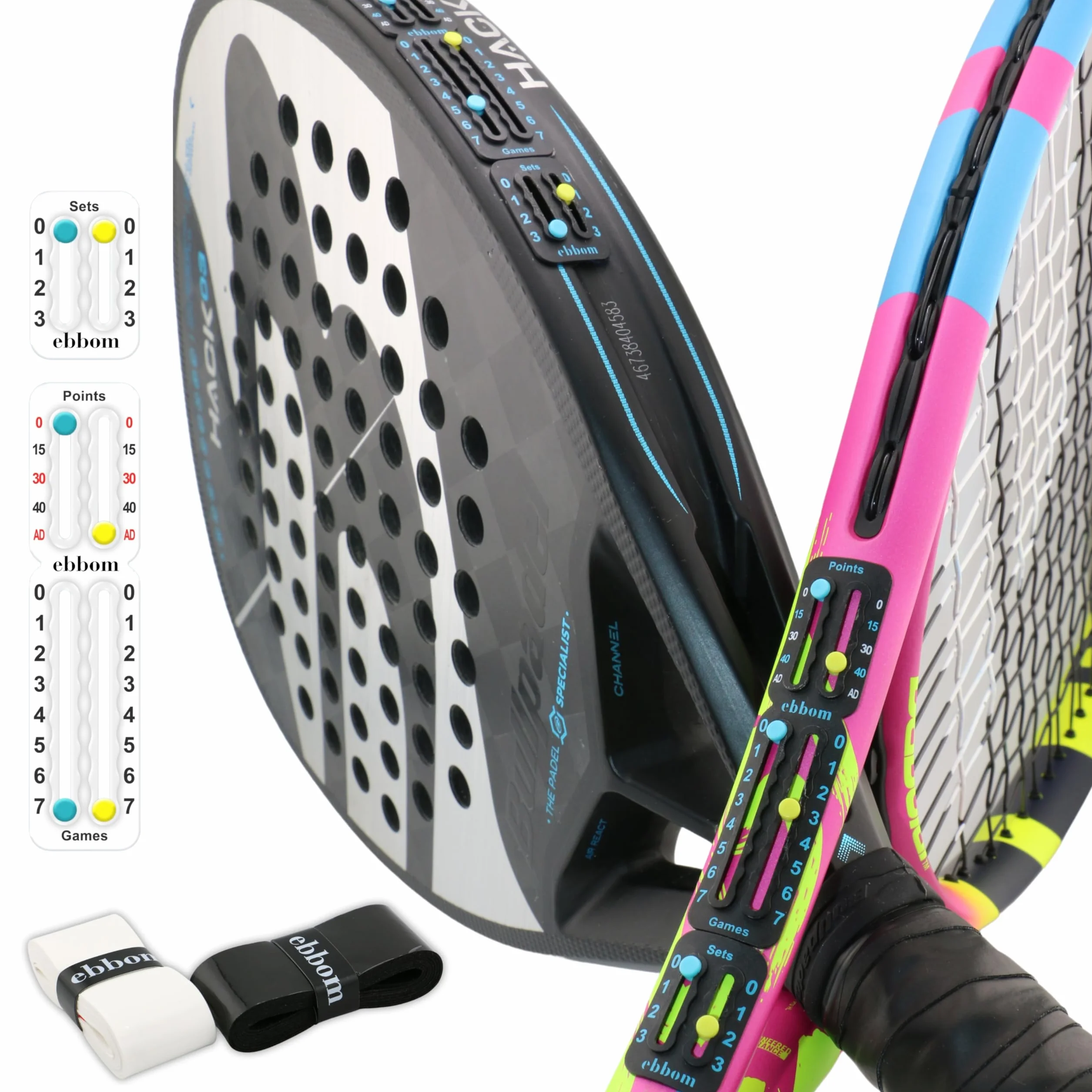 Contador Puntos Padel y Tenis Ultraligero Adhesivo 3M- Incluye 2 Overgrips B/N y 1 Limpiador – Adaptable a Todas Raquetas y Palas - Padel Accesorios - Contador de Puntos Padel