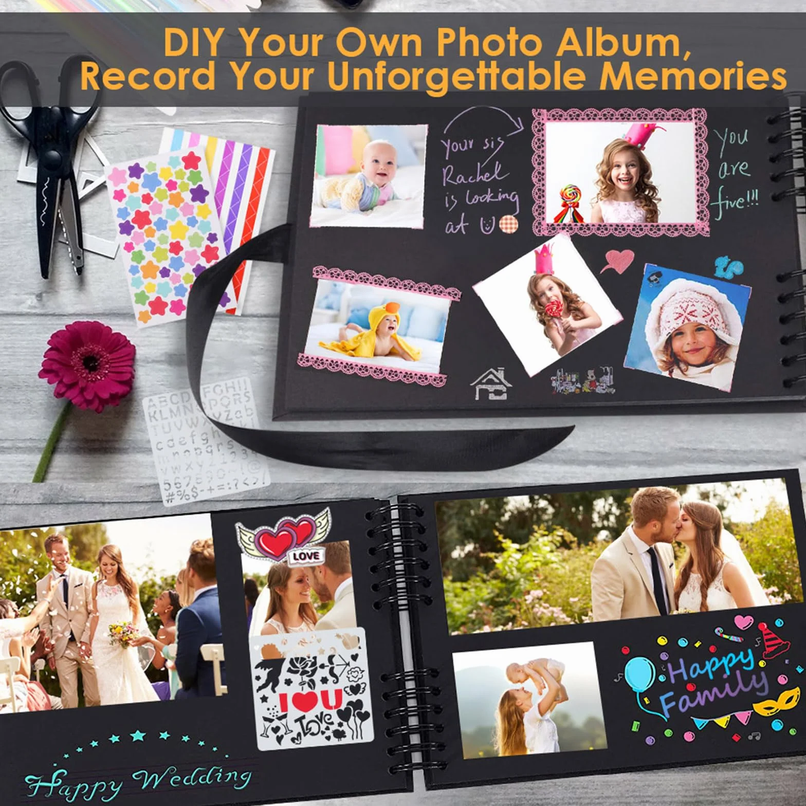 Album Fotos para Pegar y Escribir 30 x 21 cm, Album de Fotos Scrapbook Espiral 80 Páginas (40 Hojas), DIY Scrapbooking para Boda Aniversario Cumpleanos Familiares Navidad San Valentín Día de la Madre