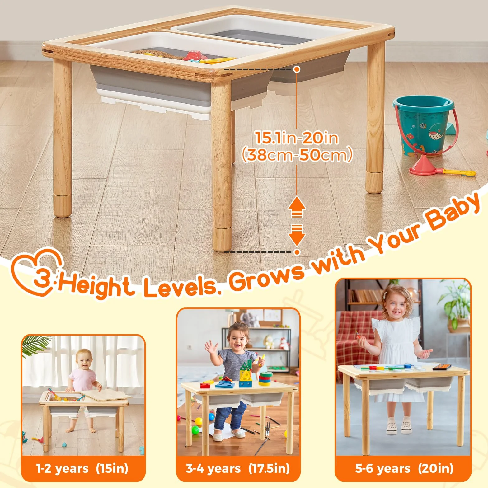 FUNLIO Mesa Sensorial de Madera con 2 Cubos para Niños de 1-5 Años, Mesa Sensorial Infantil de 3 Niveles Ajustable en Altura, para Jugar con Arena y Agua, Certificado CPC