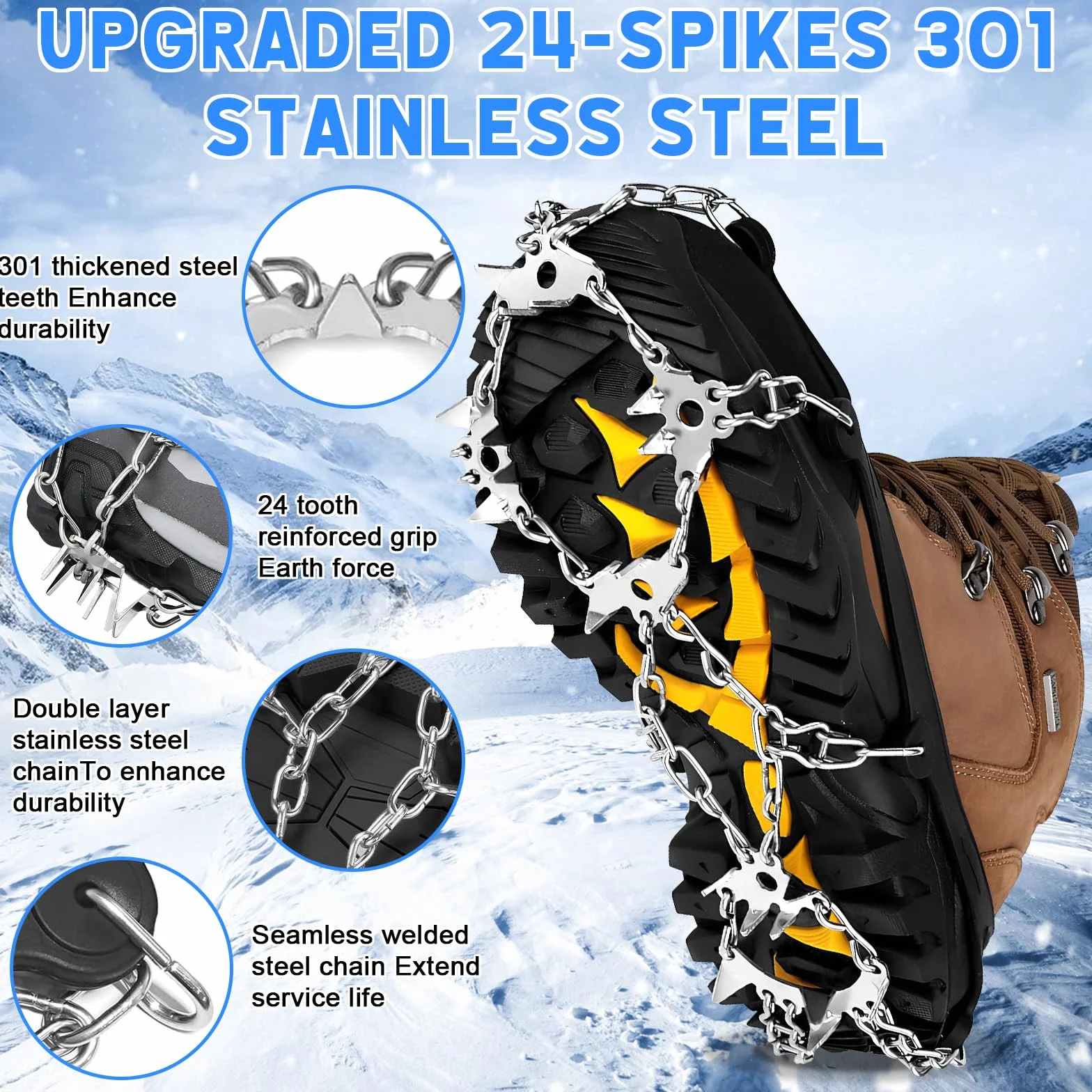 Crampones 24 Dientes Antideslizantes Tracción Nieve para Botas Senderismo Escalada Pesca Montañismo
