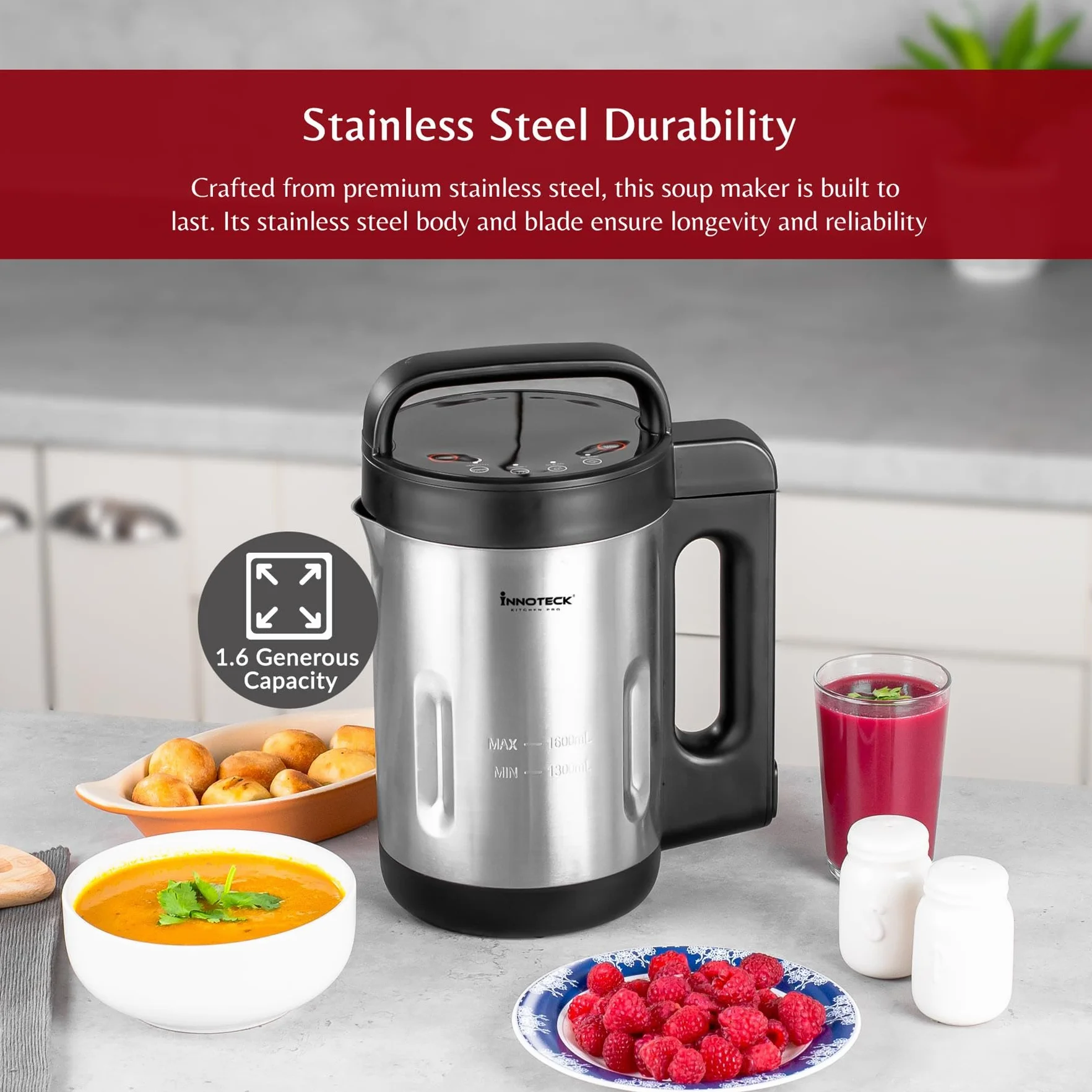 Innoteck Kitchen Pro - Máquina de sopa de 1,6 L con jarra de acero inoxidable, ideal para sopas suaves y gruesas o batidos saludables, 4 funciones preestablecidas, pantalla de temporizador digital,