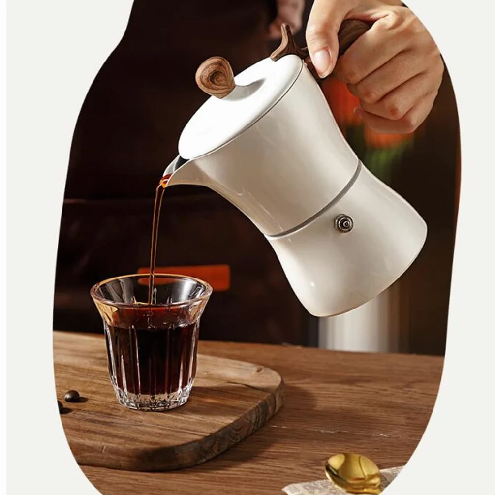 Cafetera Italiana para Espresso, 3 Tazas Cafetera Moka De Aluminio, Cafetera Moka con Asa De Madera(White)