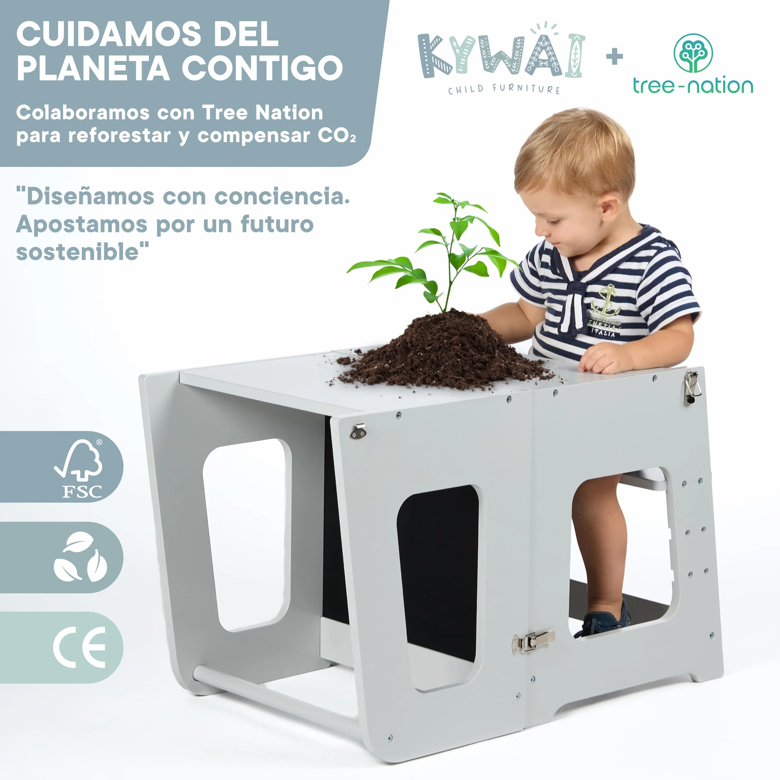 Torre de Aprendizaje Plegable Madera Premium 3 en 1 Convertible Mesa y Silla Escalón Ajustable Gris Perla