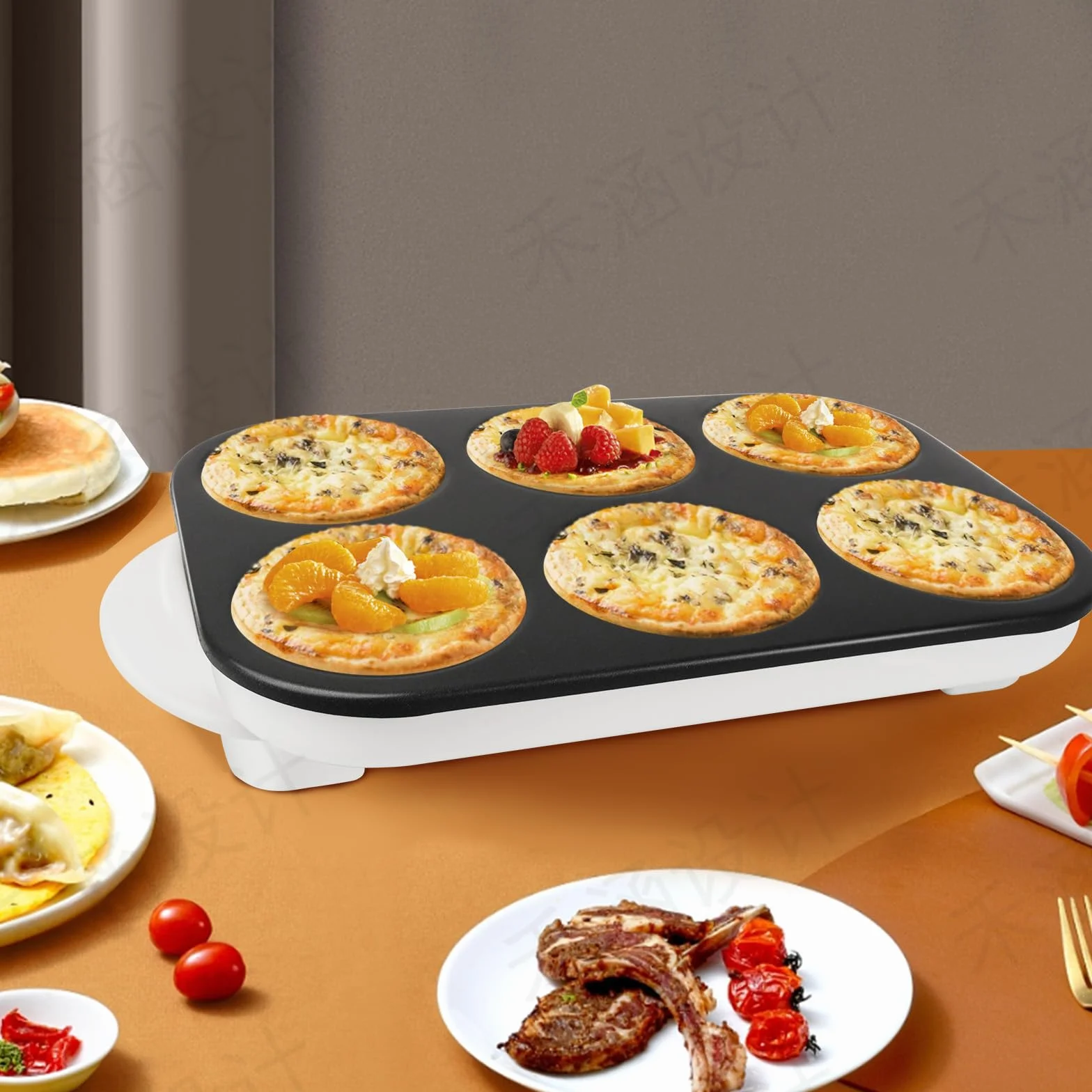 AEWHALE,Sartén para 6 Tortitas,Crepera Electrica con Revestimiento Antiadherente 1500 W,Blanco