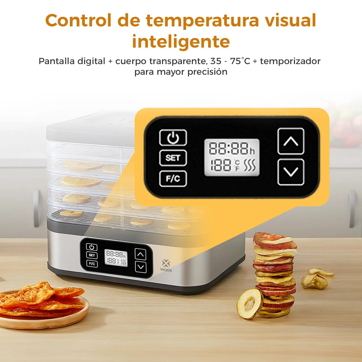 WOOX Deshidratador de Alimentos 240W, Deshidratador con 5 Bandejas Altura Regulable, Pantalla LED, Temporizador 99H y Temperatura Ajustable, Deshidratadora de Frutas y Verduras, Sin BPA