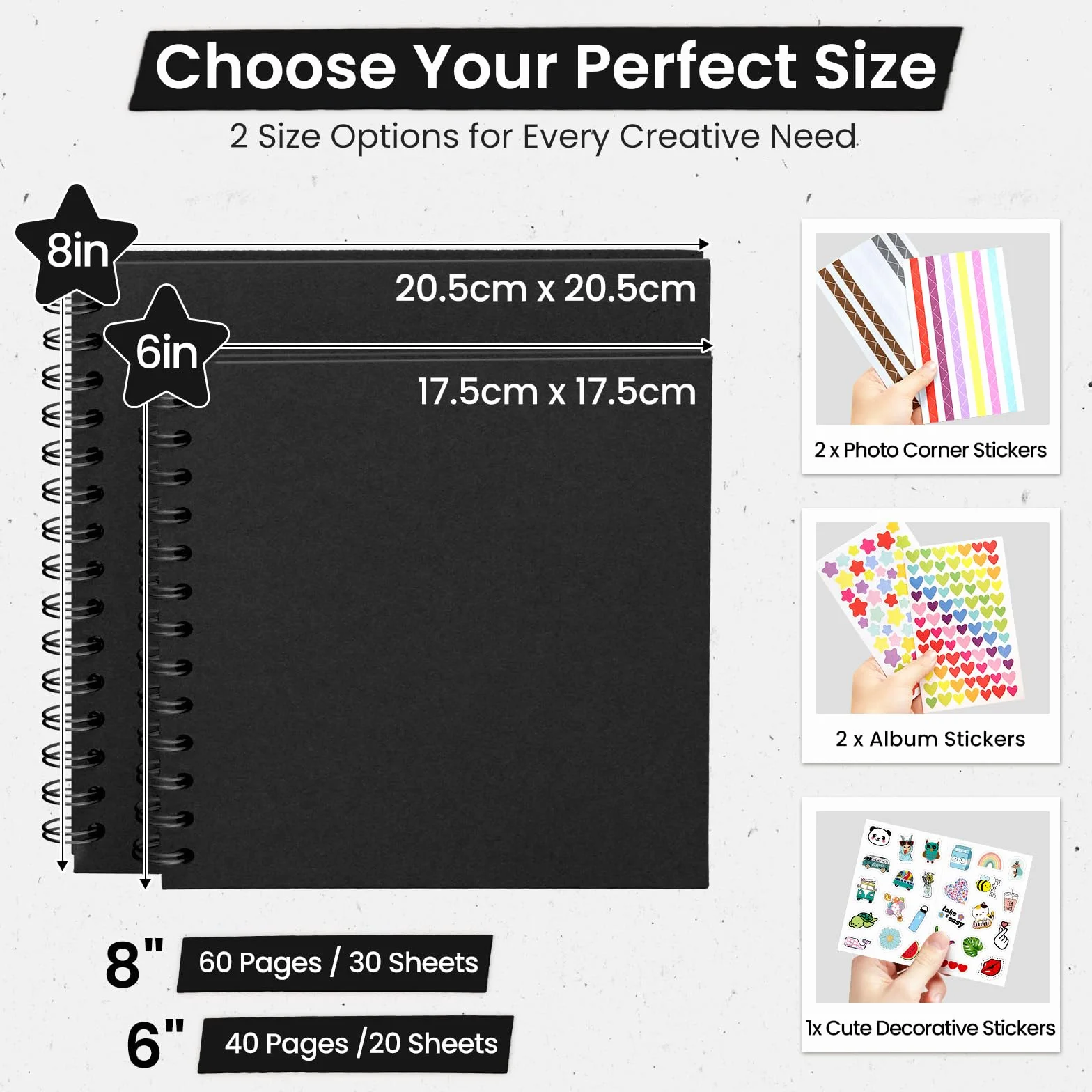 DazSpirit Album Fotos para Pegar y Escribir, 6-pulgadas Album Scrapbook de Recortes de Tapa Dura Cuadrado con 5 Pegatinas, Albunes para Fotos DIY para Bodas, Bebés y Aniversarios, 40 páginas, Negro