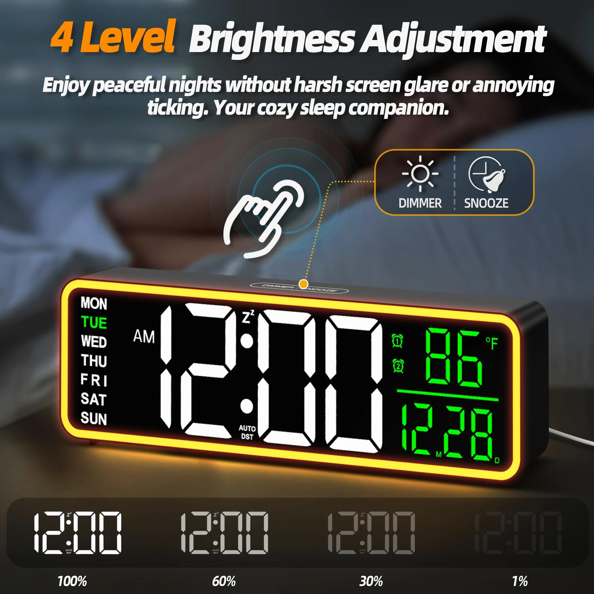 Reloj Despertador Digital 9" con Luz Nocturna, Doble Alarma, Termómetro, Pantalla LED Regulable, Día y Fecha, para Niños, Adultos, Dormitorio, Escritorio o Pared