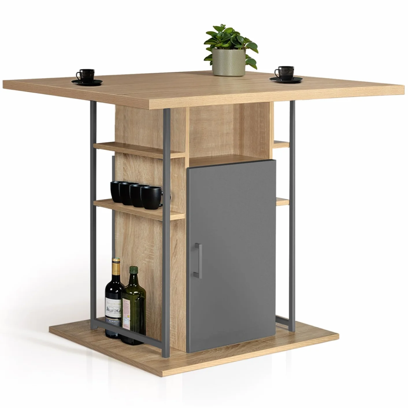 IDMarket – Ilot Central UGO 110 cm Madera Gris e Imitación Haya con Almacenamiento Diseño Industrial