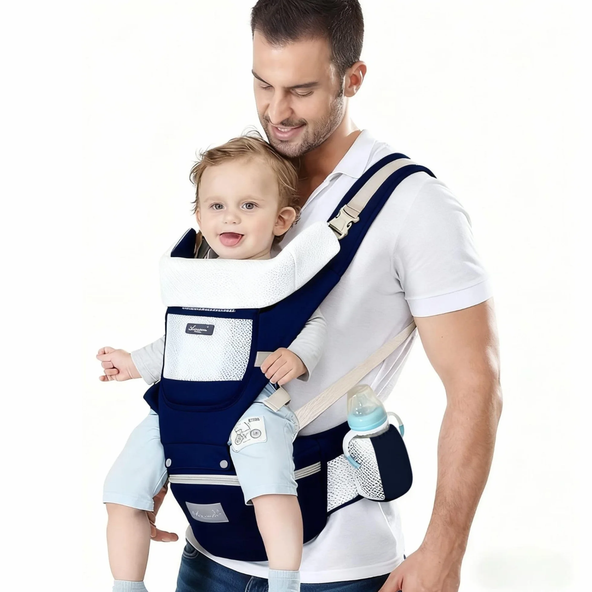 Mochila Portabebés Ergonómica 0-36 Meses Ajustable Soporte Lumbar Tirantes Acolchados Transpirable Algodón Suave Antialérgico Azul Marino
