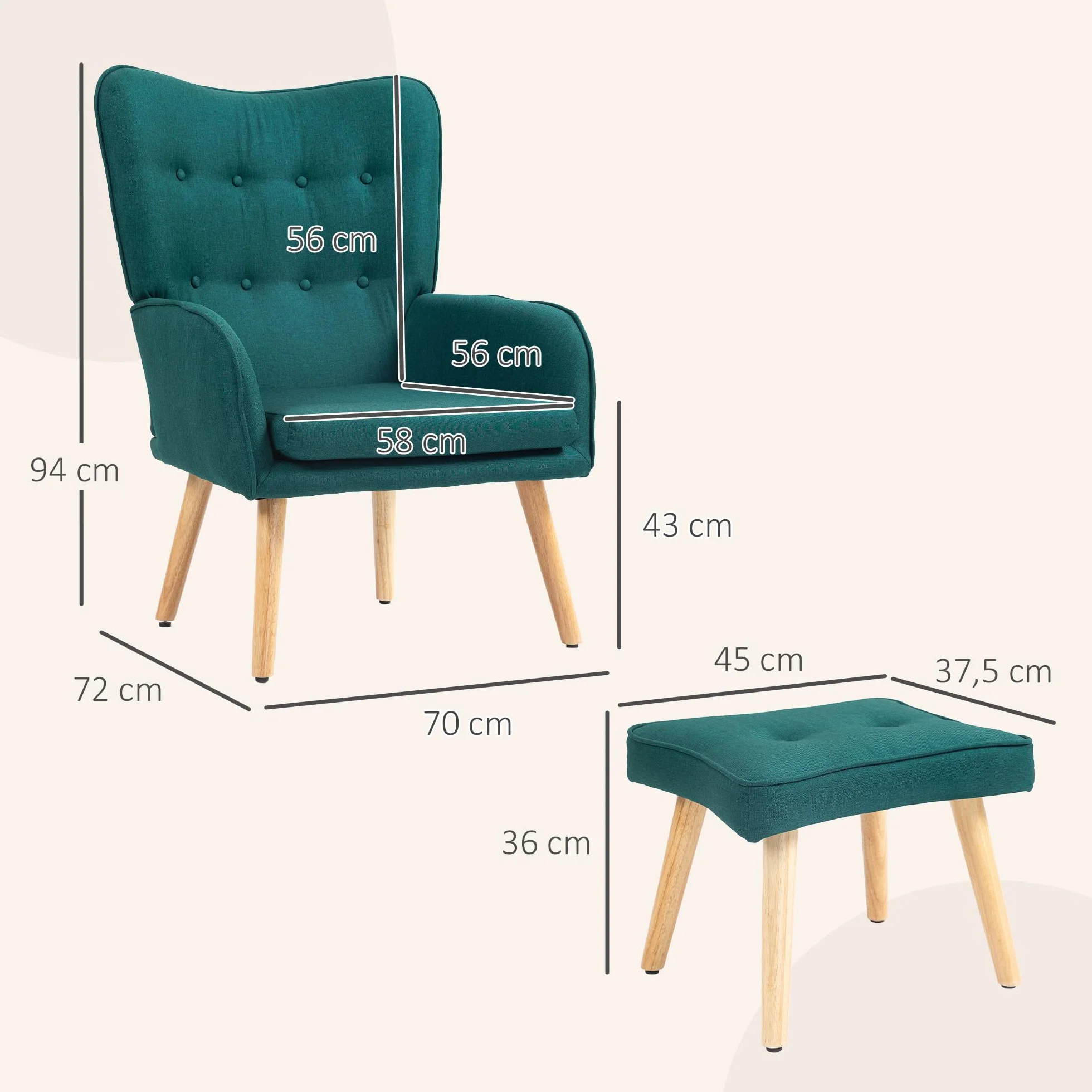 HOMCOM Sillón con Reposapiés Sillón Lectura con Respaldo Alto Capitoné Asiento Amplio Patas de Madera y Tapizado en Lino Butaca para Salón Dormitorio Oficina Verde Oscuro