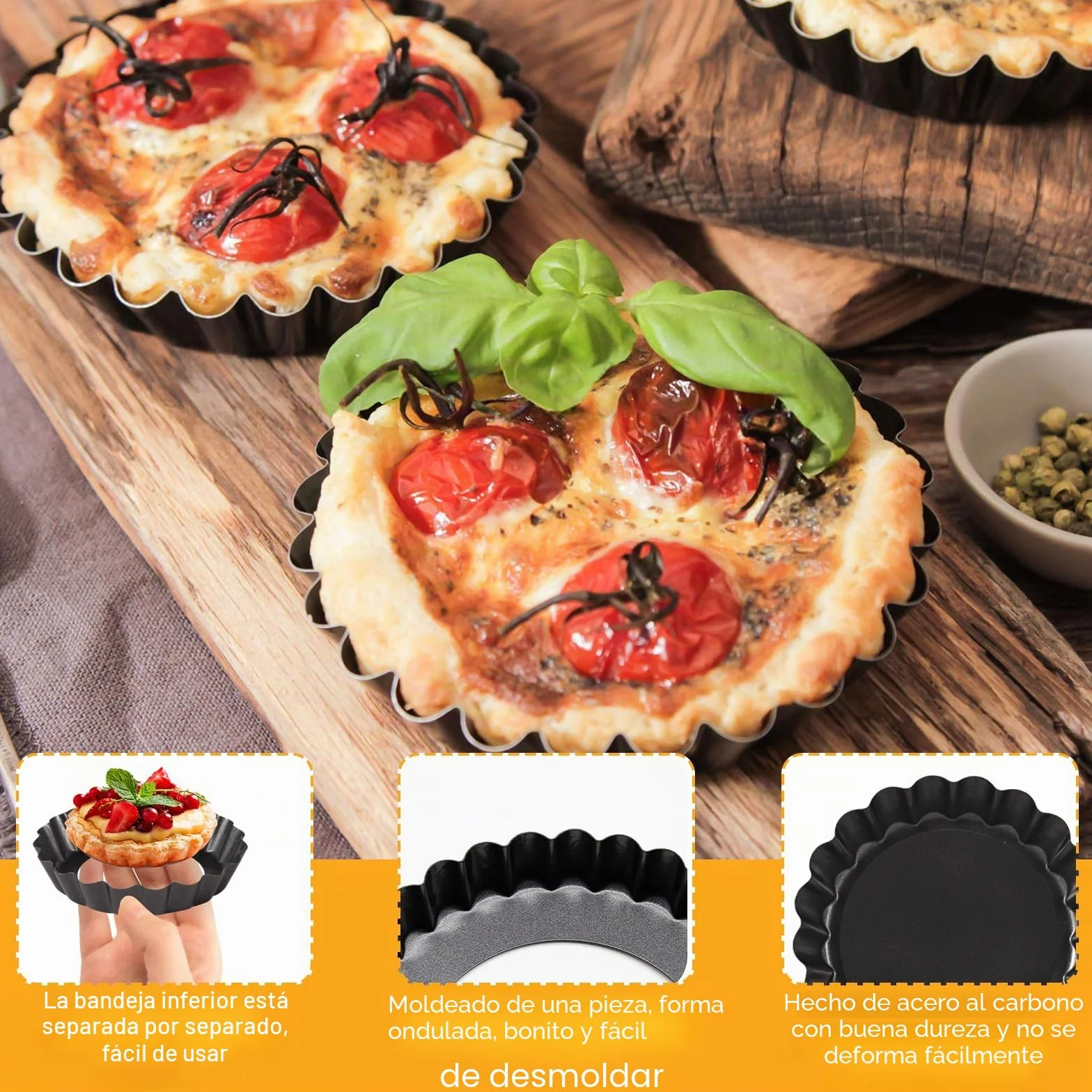 Frasheng 10 Piezas Moldes Antiadherentes para Quiche y Tartaletas, Base Desmontable 4 Pulgadas / 10 Cm, Negro