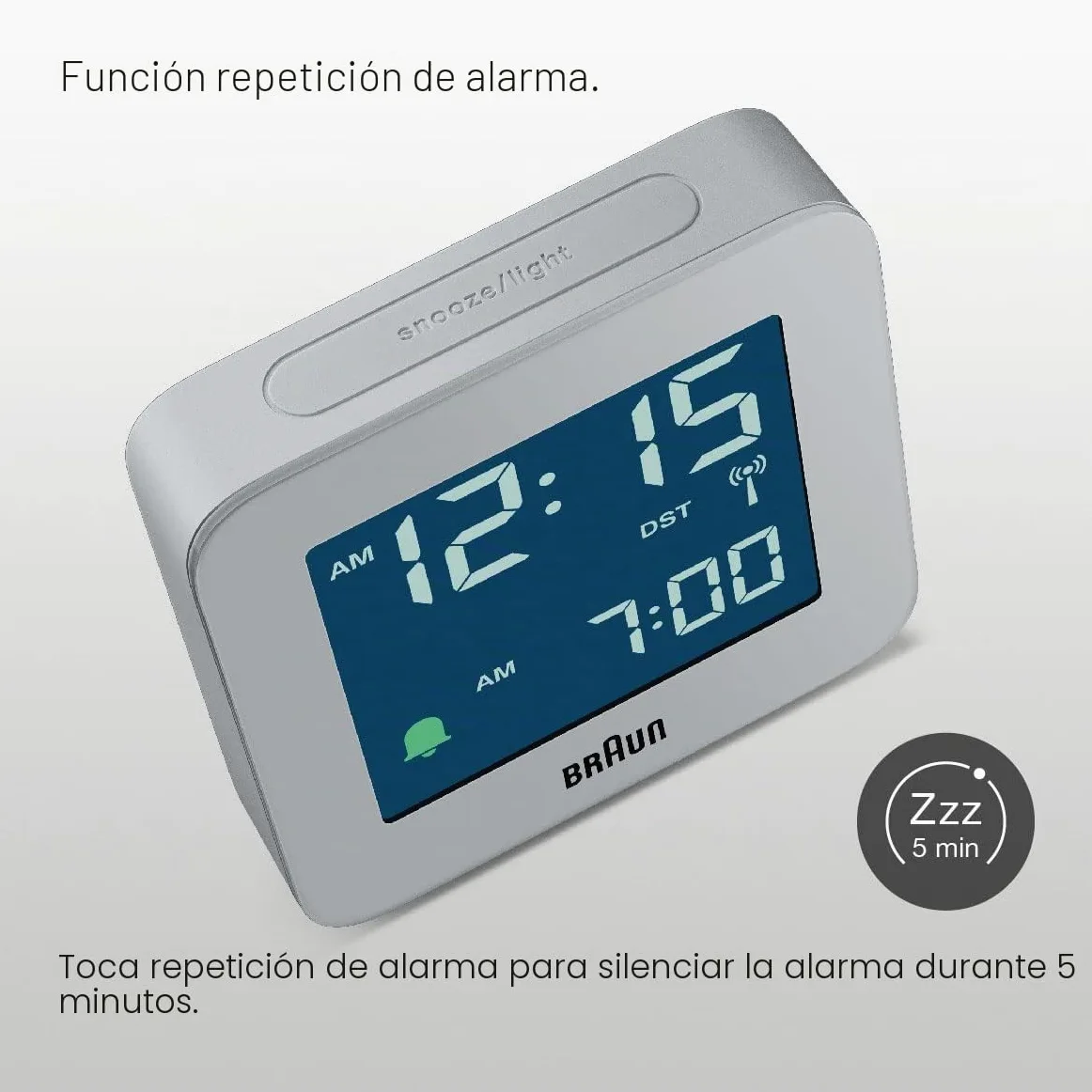 Braun Reloj Despertador Digital radiocontrol para el Huso horario de Europa Central (DCF) con botón de repetición, Pantalla LCD, Ajuste rápido, Alarma en Crescendo, Gris, Modelo BC09G-DCF