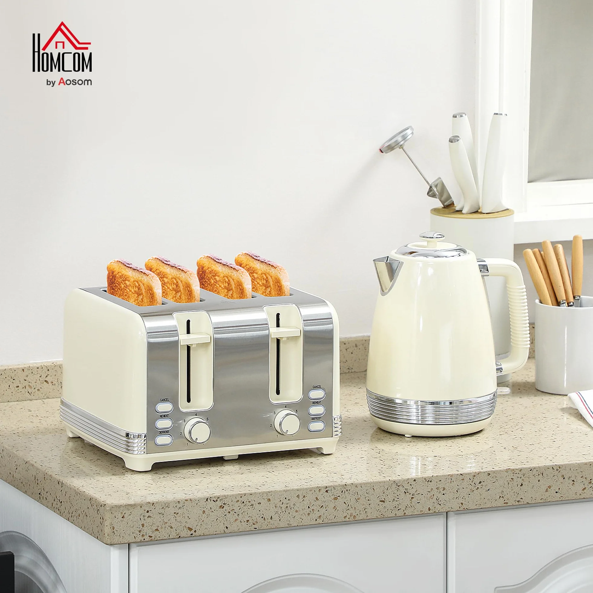HOMCOM Hervidor tostador Set de desayuno con tostador de 4 rebanadas, hervidor de 1,7 litros, 2200 W, 7 niveles de tostado, bandeja recogemigas, descongelación, recalentamiento y termostato Strix,