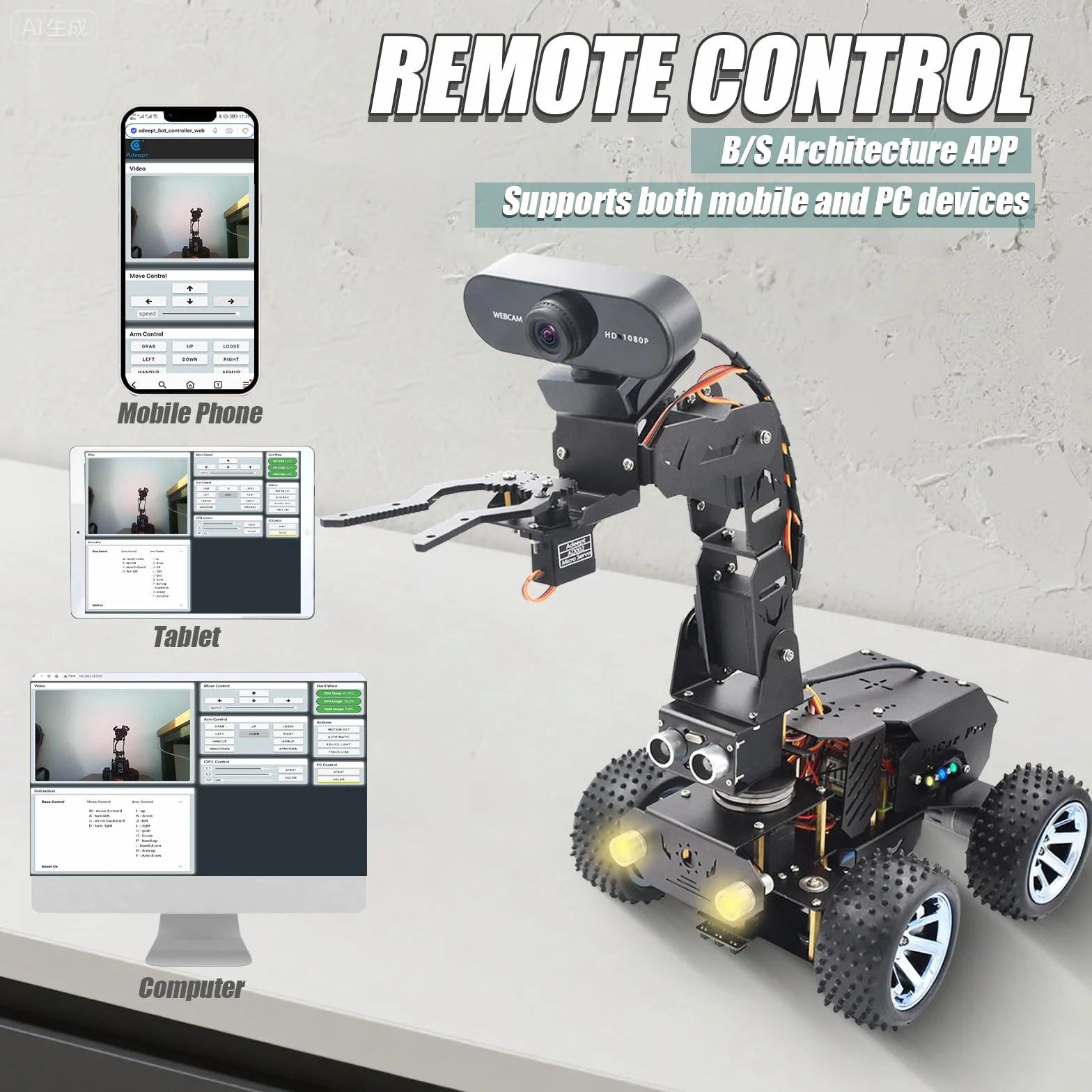 Adeept PiCar Pro V2 Kit de robótica (Raspberry Pi no incluido), coche inteligente con brazo robótico de 4 DOF para Pi 5/4/3, cámara HD 1080P, OpenCV, prevención de obstáculos, seguimiento de línea