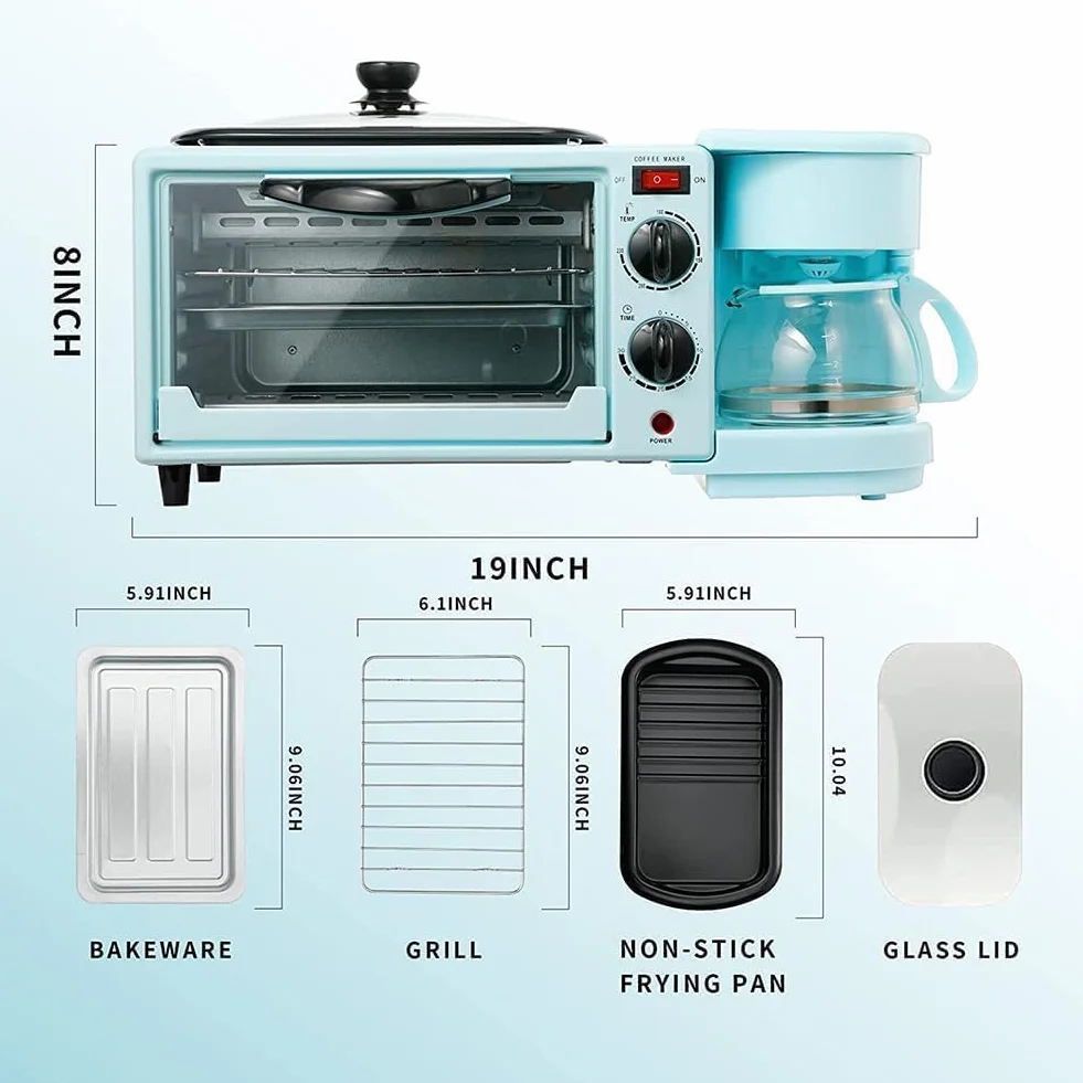 Máquina de Desayuno Eléctrica 3 en 1, Estación de Desayuno Multifuncional de 1050 W con Cafetera, Control de Temperatura de 100-230 ° y Temporización de 30 Minutos, Mini Horno para Máquina Blue