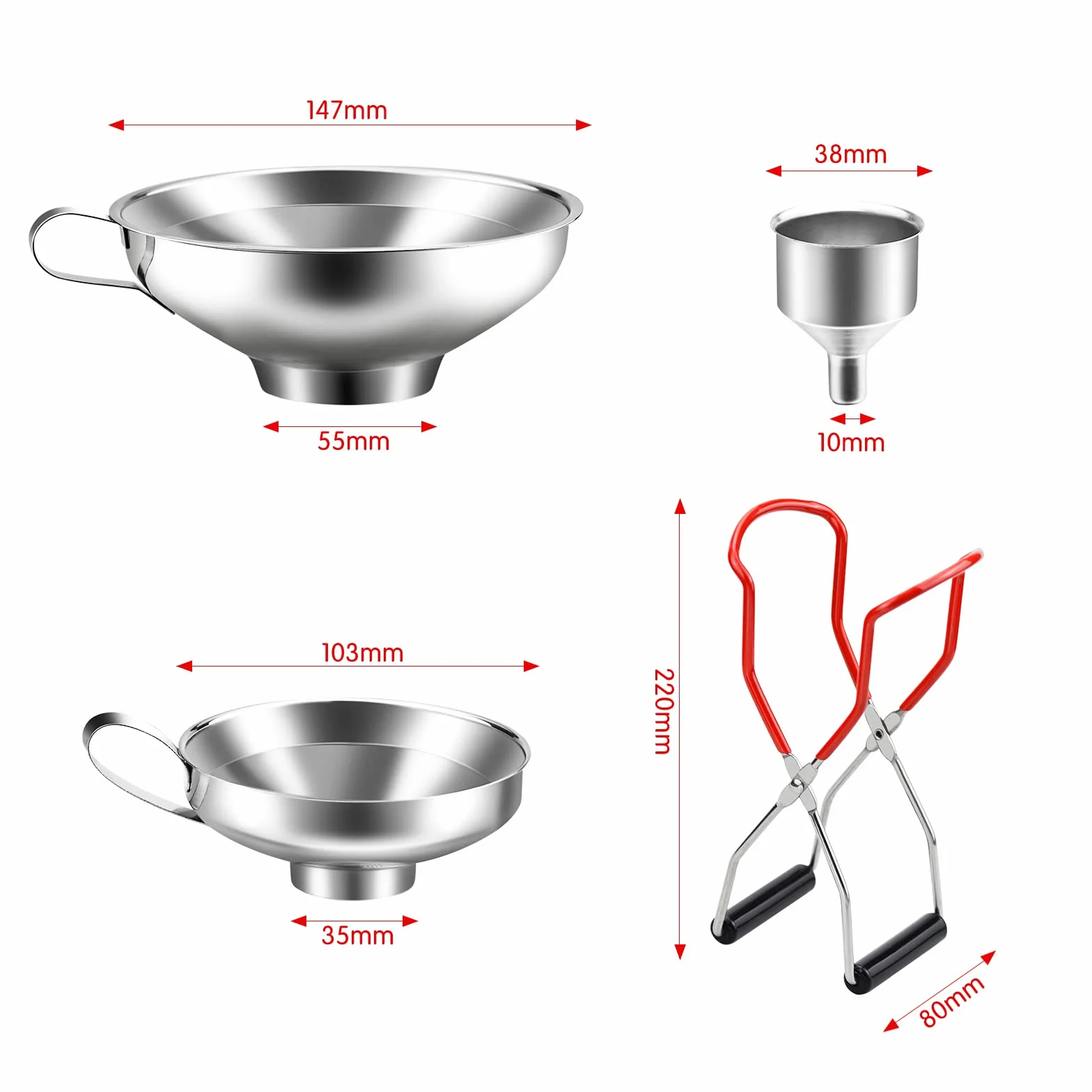 Embudo de Acero Inoxidable, Juego de 3 Embudos para Mermelada, Set de Embudos de Cocina con Pinza de Conservación para Trasvasar Especias, Líquidos, Judías y Mermelada