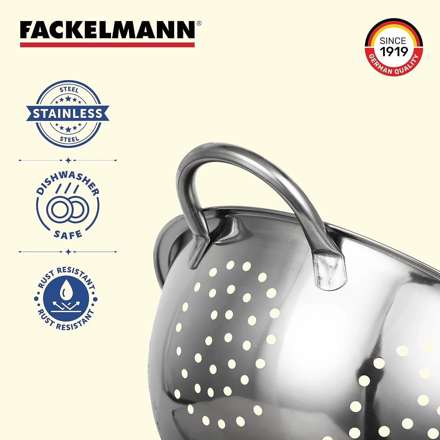 Fackelmann Colador de Cocina y Escurridor en Acero Inoxidable, Colador con Asas y Peana Estable, Idóneo para Escurrir Ensalada, Pasta, Arroz, Legumbres y Verduras, 24cm, 1 ud.