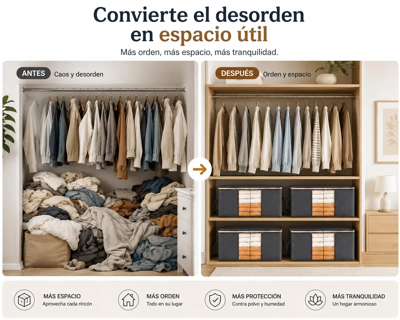 Bolsas de Almacenamiento Ropa 35L Pack 4 – Organizadores Armario con Ventana Transparente – Cajas de Tela para Guardar Ropa, Mantas, Edredones y Cambio de Temporada