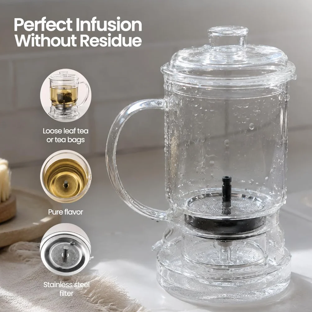 Tetera con Infusor 350 ml, Vidrio – Tetera Cristal para Infusiones y Té a Granel, Infusor con Flujo hacia Abajo – Ideal Infusión Fría o Caliente, Sin Residuos – Regalo Original
