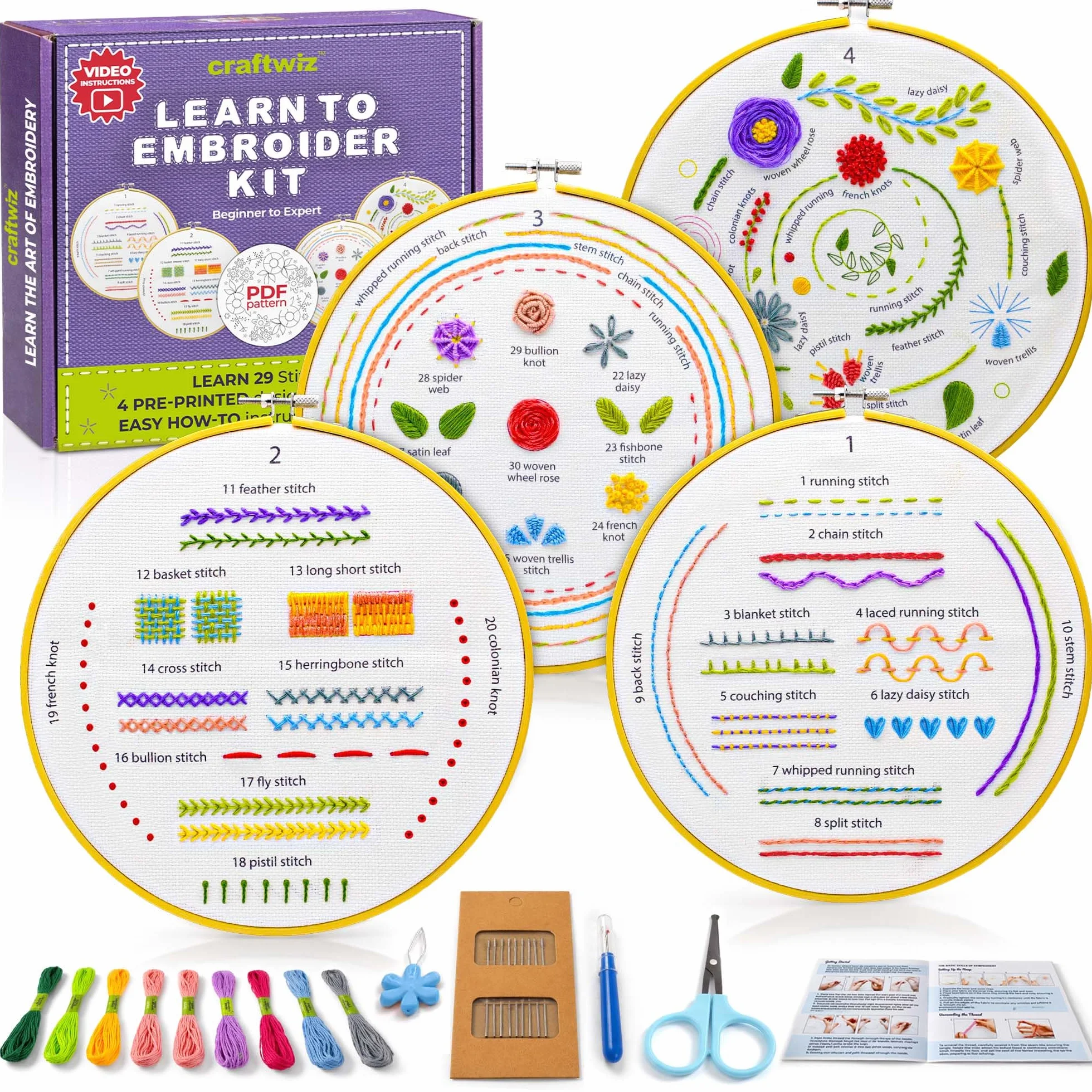 Craftwiz Juego de 4 juegos de bordado para principiantes, adultos y niños con patrones de bordado simples, kit de bordado para principiantes para adultos, kit de bordado a mano que incluye aro de
