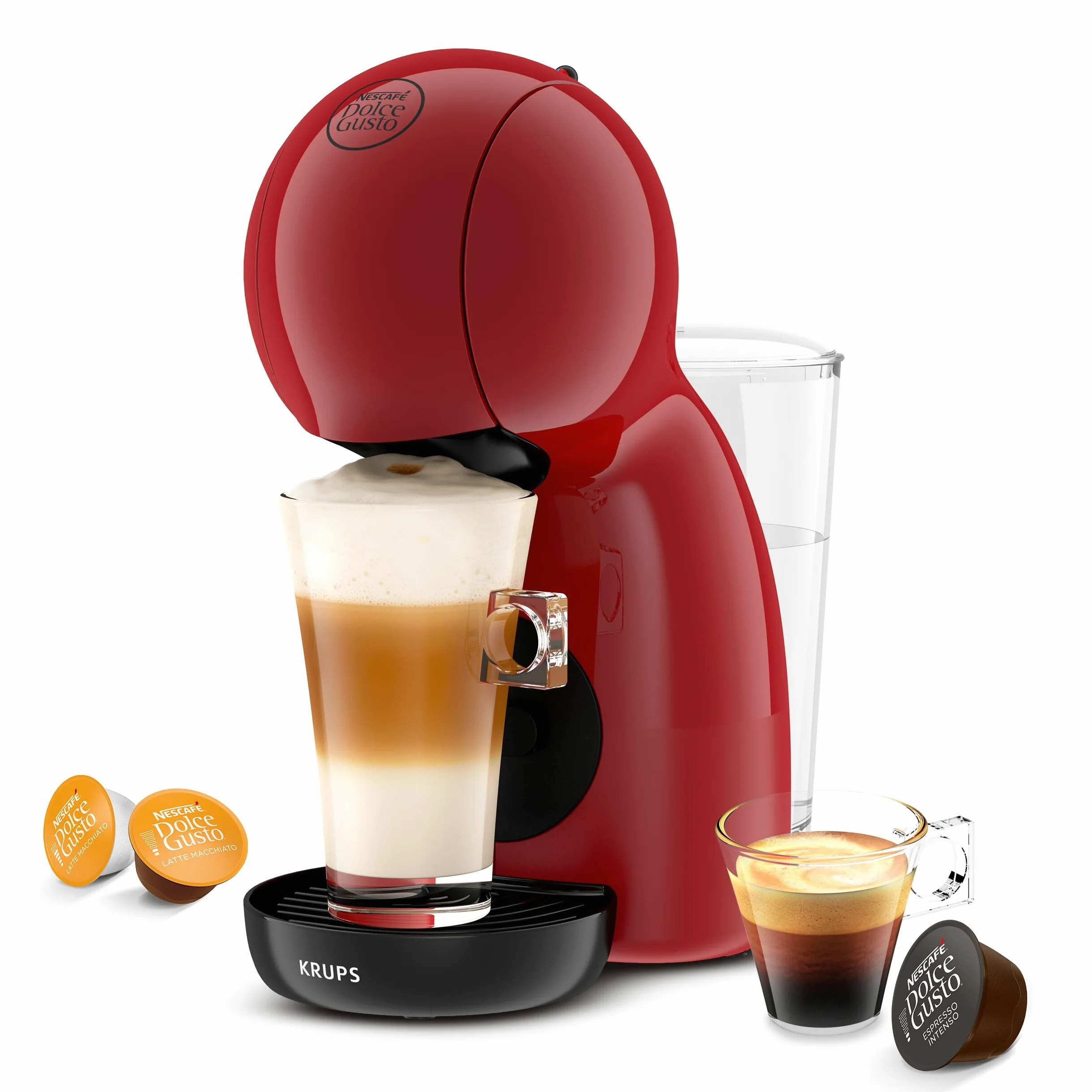 Krups Piccolo KP1A05 - Cafetera cápsulas Dolce Gusto, 15 bares y 1500 W, con depósito de 0.8 l, monodosis multibebidas frías y calientes, manual, Rojo + 3 Packs Café Intenso