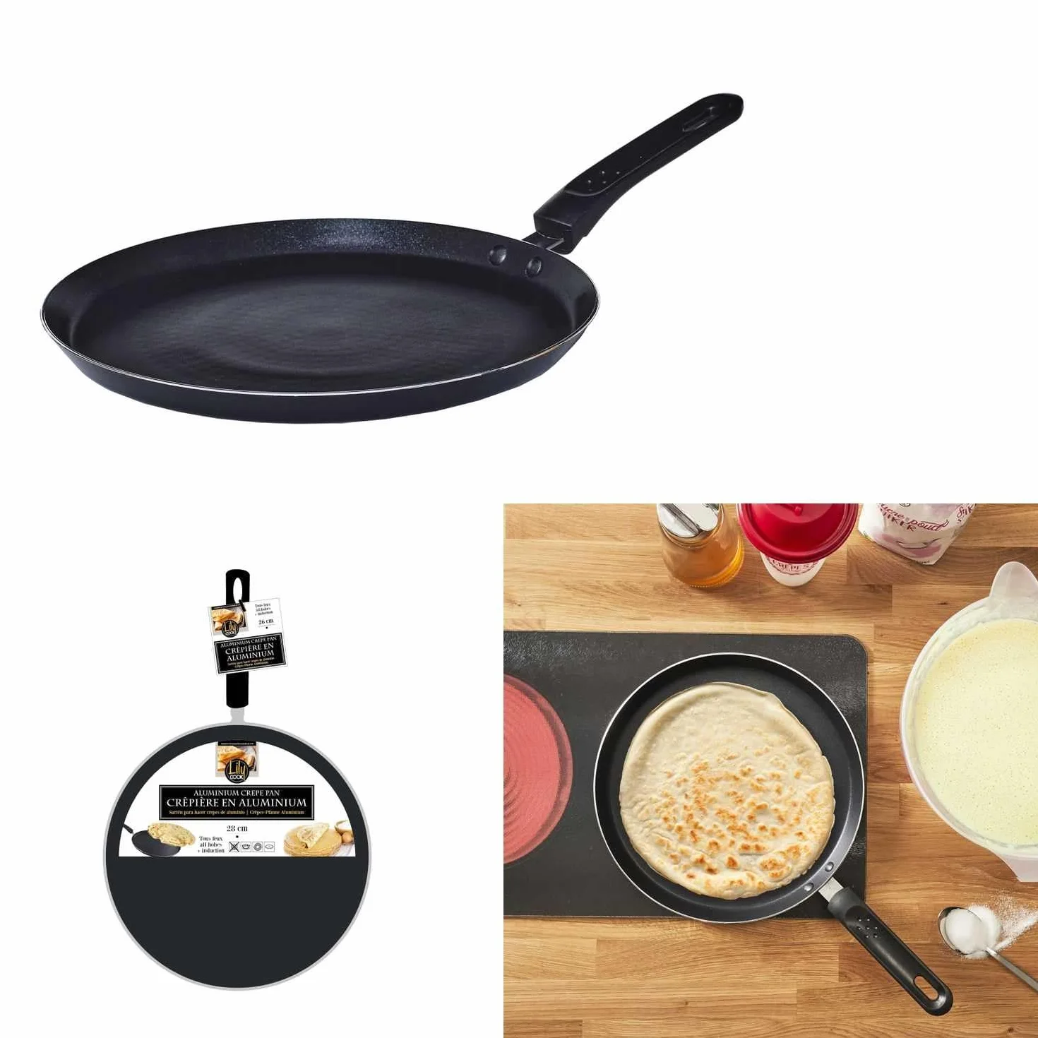 Lily cook - KC2611 Sartén para Crepes Ø28 cm de Aluminio - Diseñada para Crepes, Pancakes y Tortillas - Revestimiento Antiadherente - Fácil Limpieza - Diseño Moderno - Color Negro