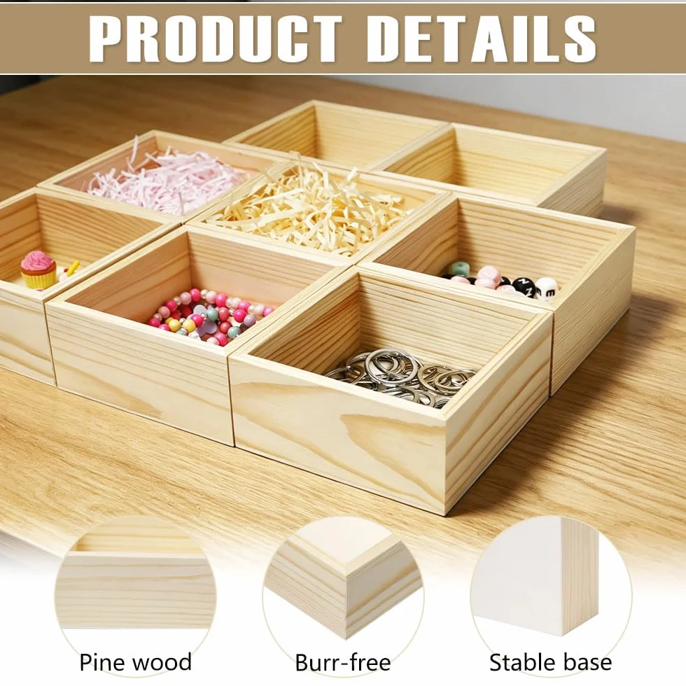 8 Piezas Cajas de Madera Pequeñas Sin Tapa 12x12x5 cm Caja de Madera Cuadrada Caja de madera Natural para Decoración del Hogar, Plantas, Artesanía