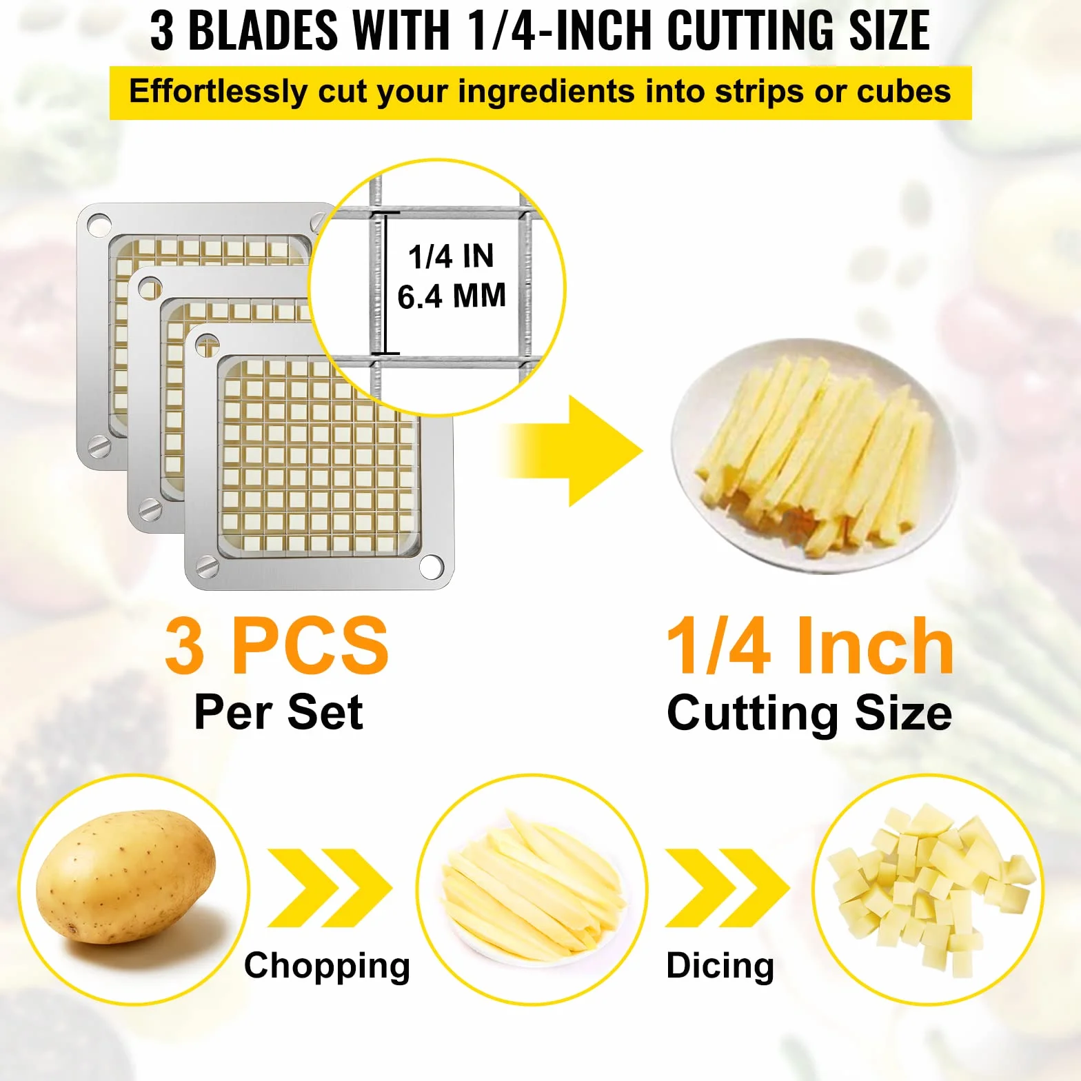 VEVOR Cuchilla picadora de repuesto 1/4" 3 piezas de cuchilla para freír francesa con 6 cuchillos adicionales piezas de acero inoxidable y bloque de empuje para cortar patatas, zanahorias, pepinos