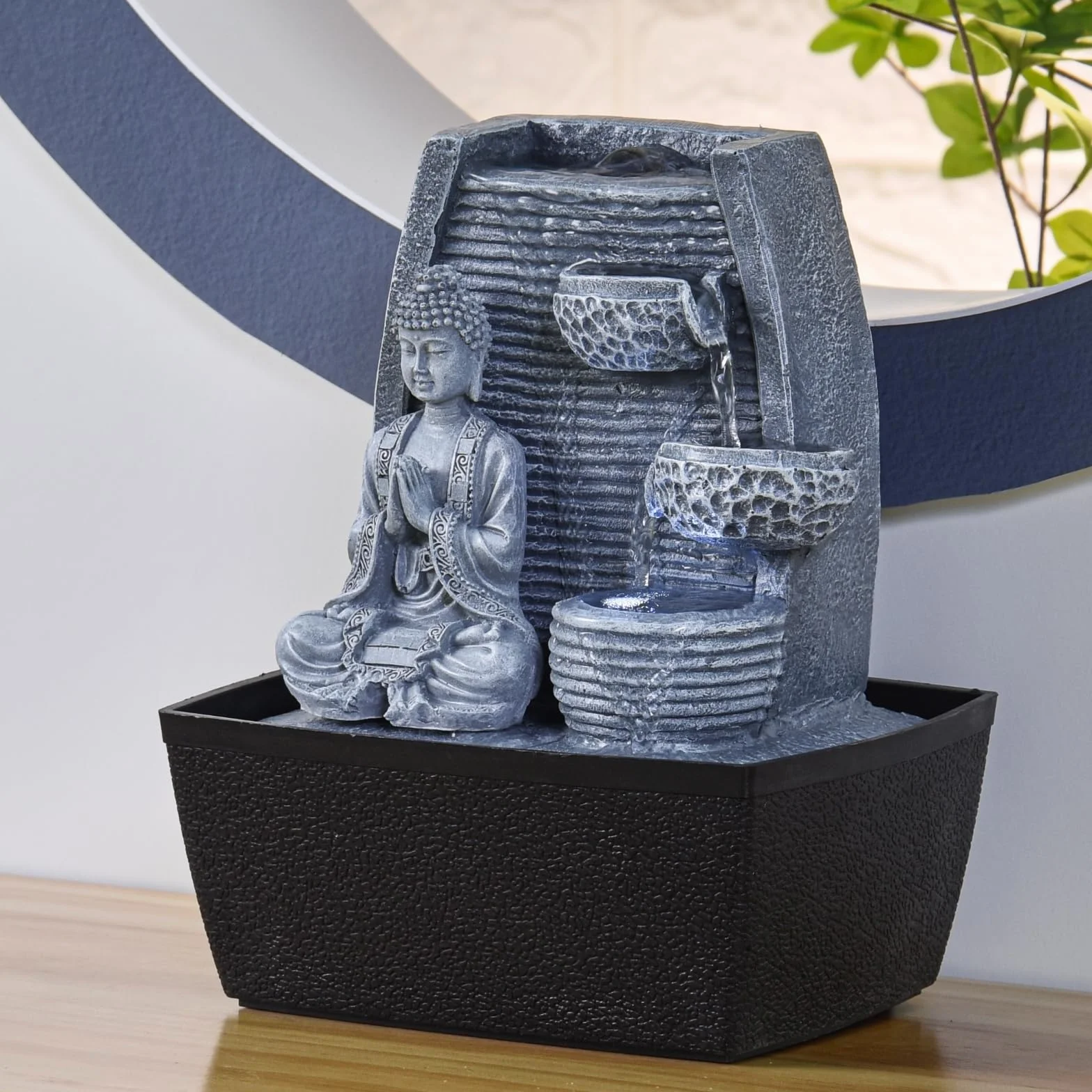 Zen Luz de la Pared Interior Fuente de Meditación de Buda de Piedra Gris/Negro de 20 x 15 x 24 cm