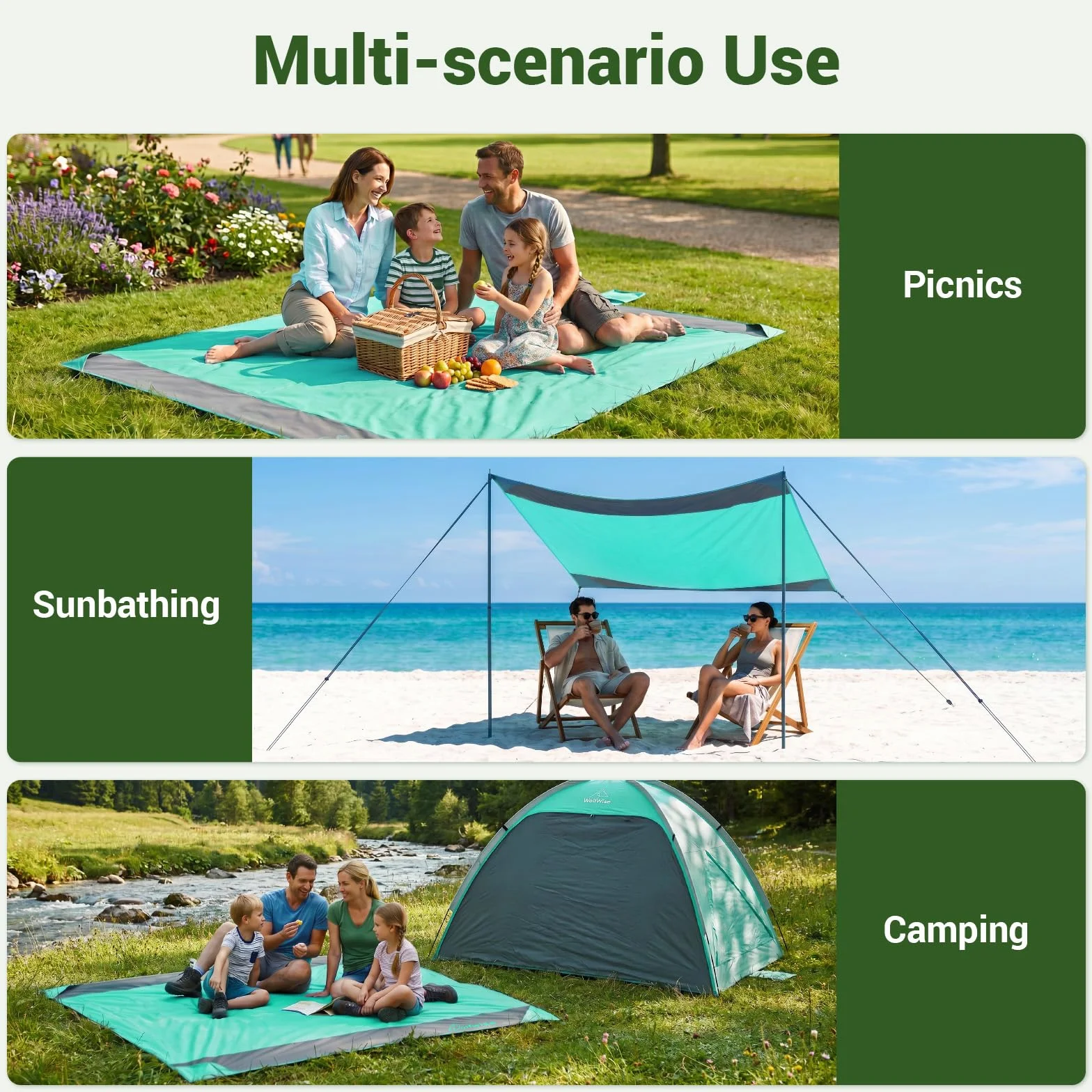 WolfWise Gran Manta de Playa 200x205 cm Impermeable Antarena Ultraligera 4 Personas 4 Bolsas Arena 4 Estacas Verde
