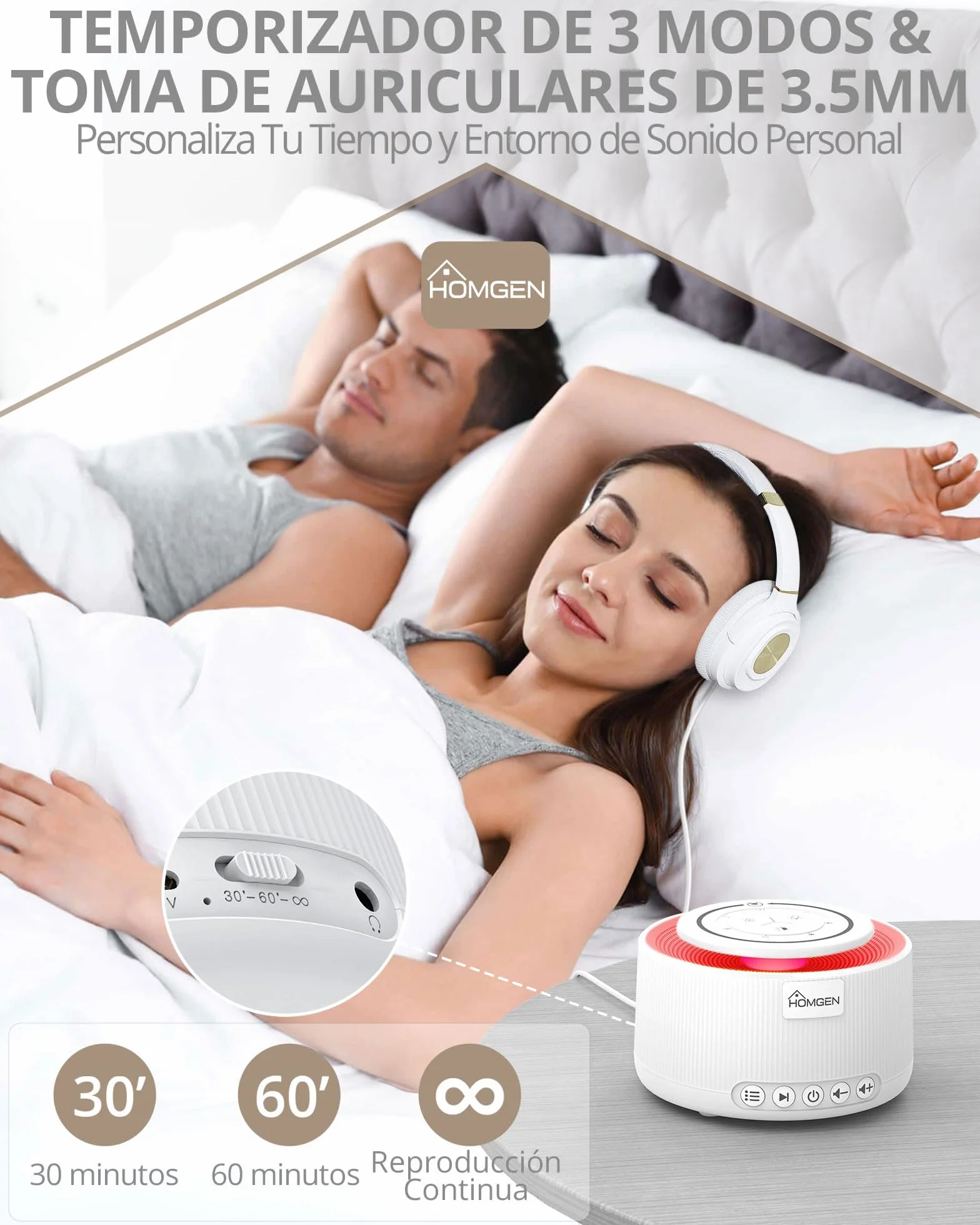 HOMGEN Máquina de Ruido Blanco con Luz Nocturna y 30 Sonidos, Recargable USB, Blanco