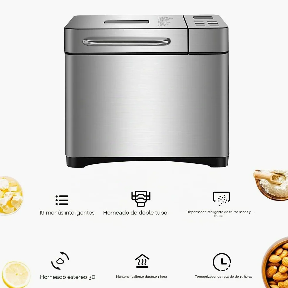 Panificadora de acero inoxidable, 650 W, 19 programas, compartimento automático para ingredientes, para 500 g, 750 g y 1000 g, color plateado